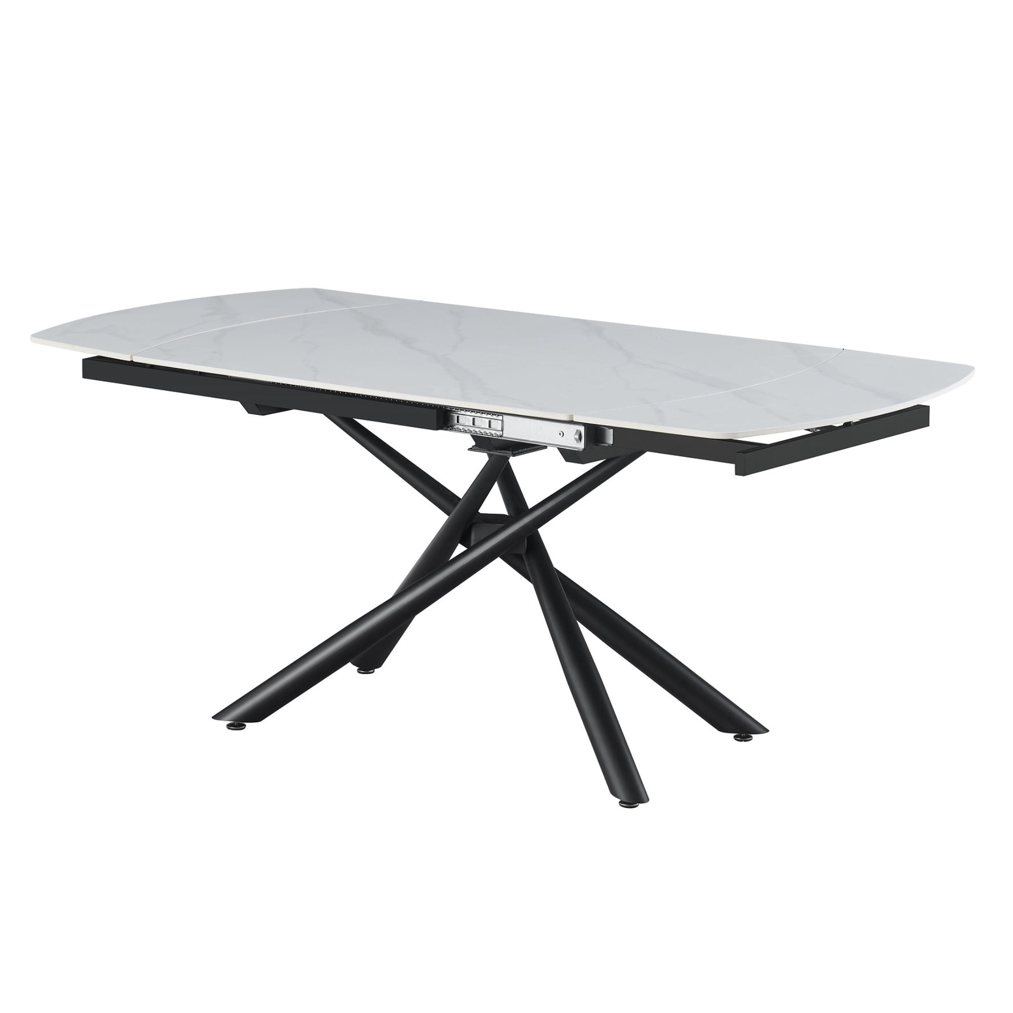 Sintered stone extending dining table by IFF with snowy white marble finish, showcasing its sleek, modern design and sturdy structure.