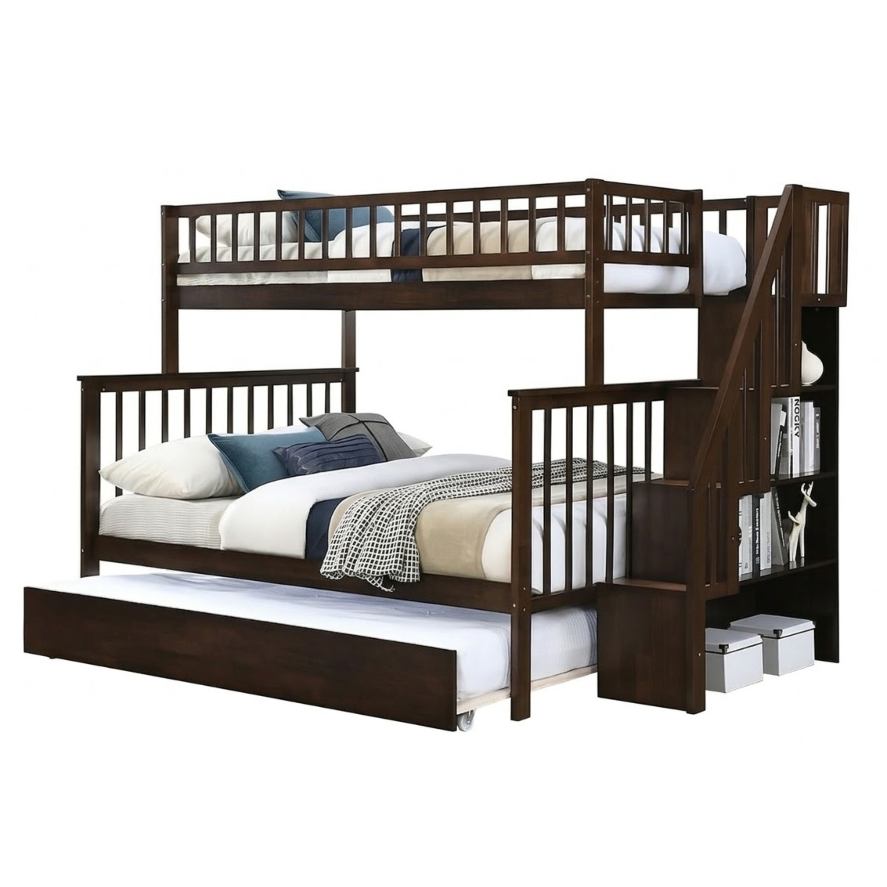 Twin over double bunk bed with trundle in brown from Titus Furniture, showcasing sturdy wood construction and sleeping arrangements.
