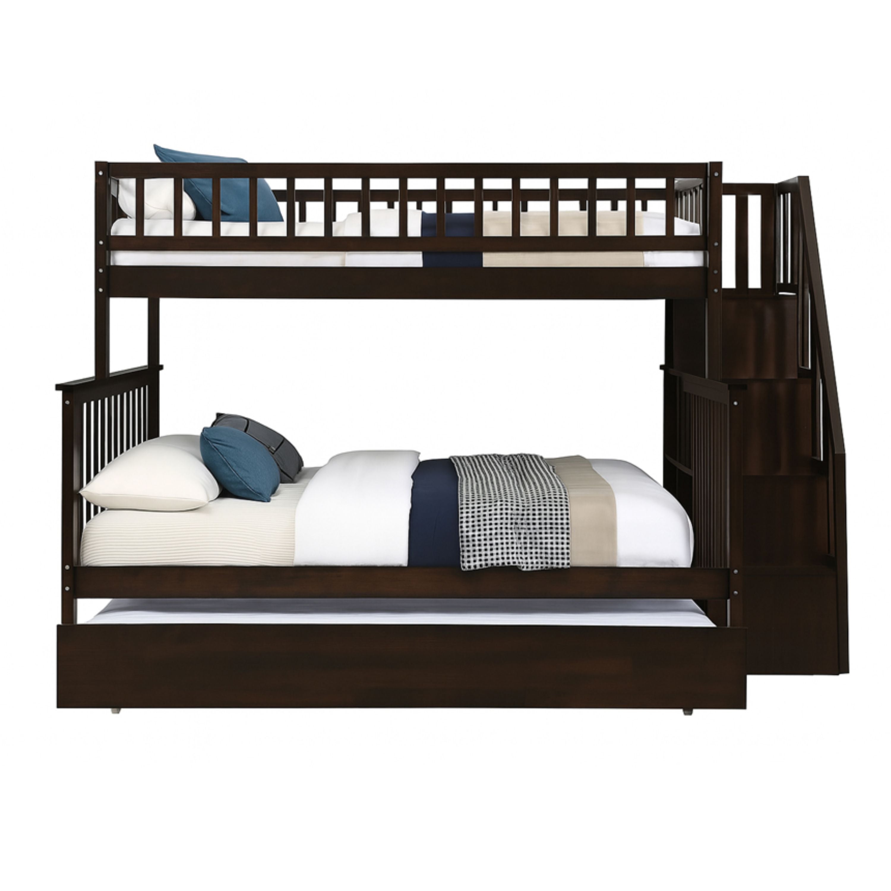 Brown twin over double bunk bed with trundle from Titus Furniture, showcasing sturdy wooden frame and sleeping arrangements.