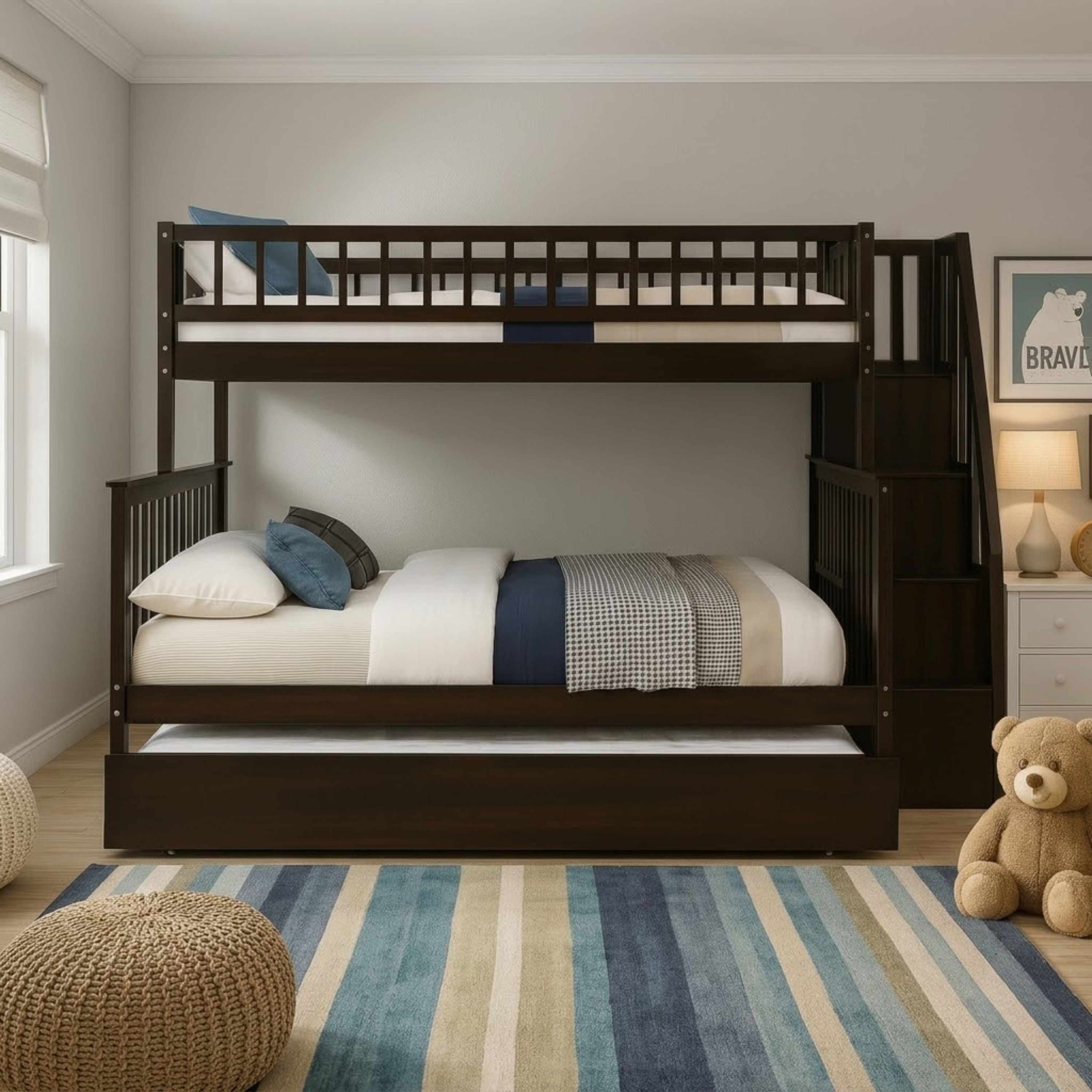 Brown twin over double bunk bed with trundle from Titus Furniture, featuring sturdy wooden frame and space-saving design.