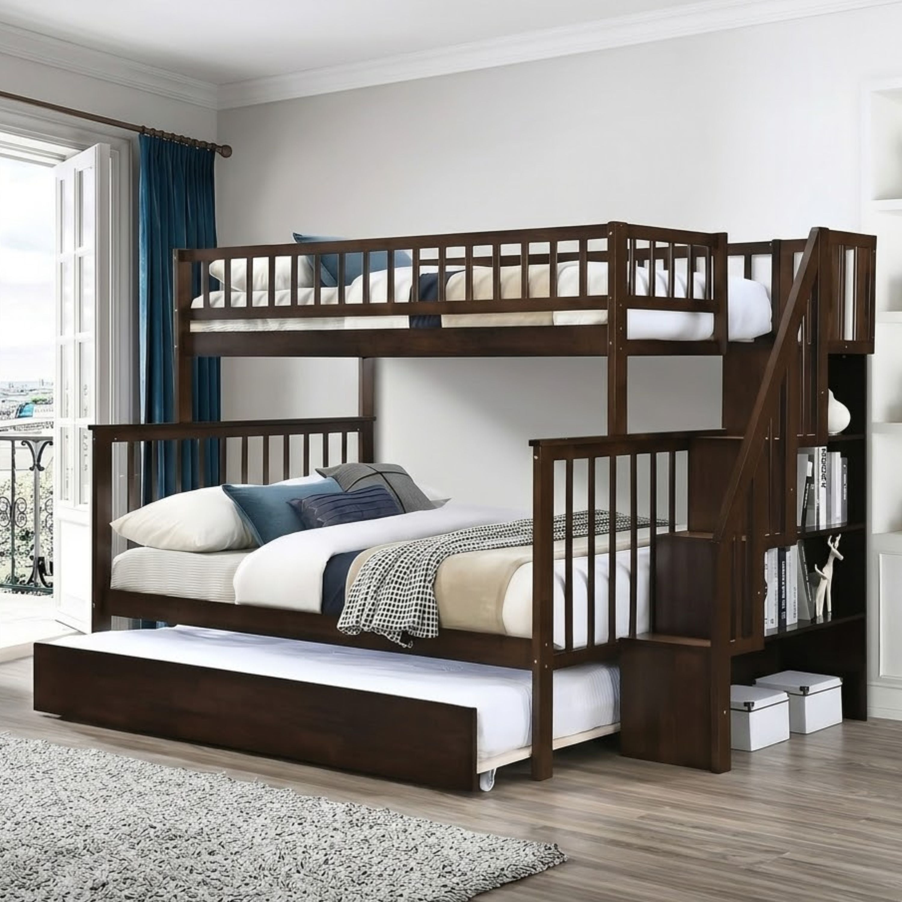 Brown twin over double bunk bed with trundle from Titus Furniture, featuring sturdy wooden frame and space-saving design.
