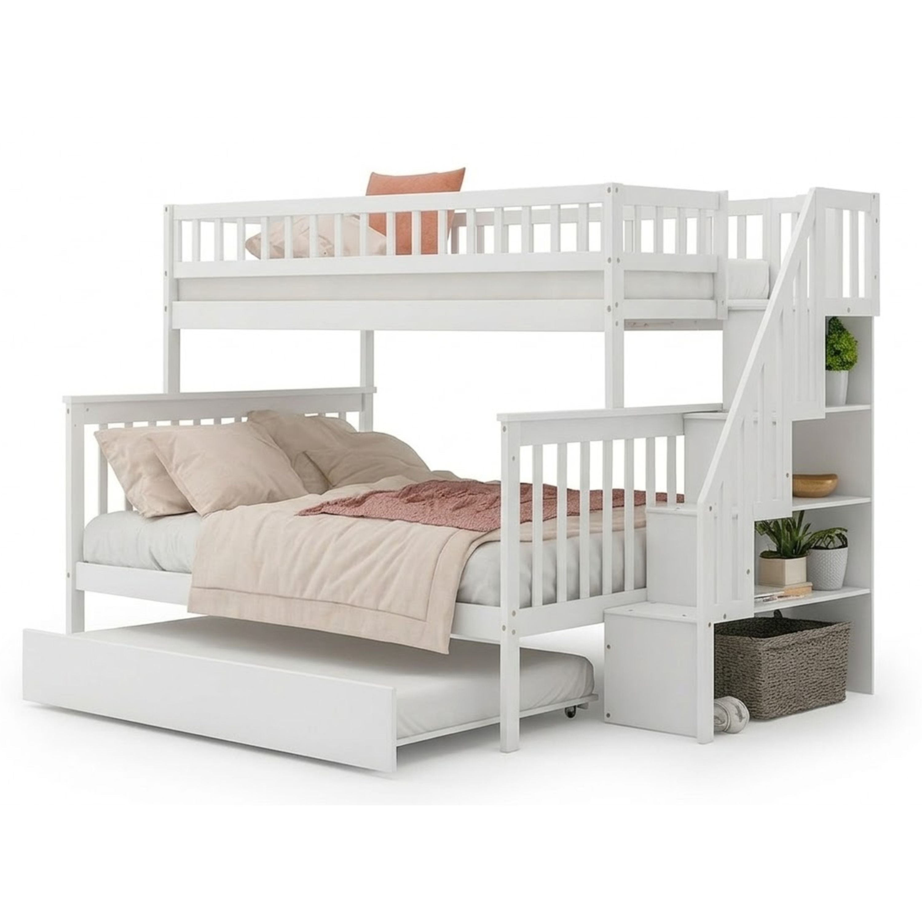 White twin over double bunk bed with trundle from Titus Furniture, featuring a sturdy frame and space-saving design.