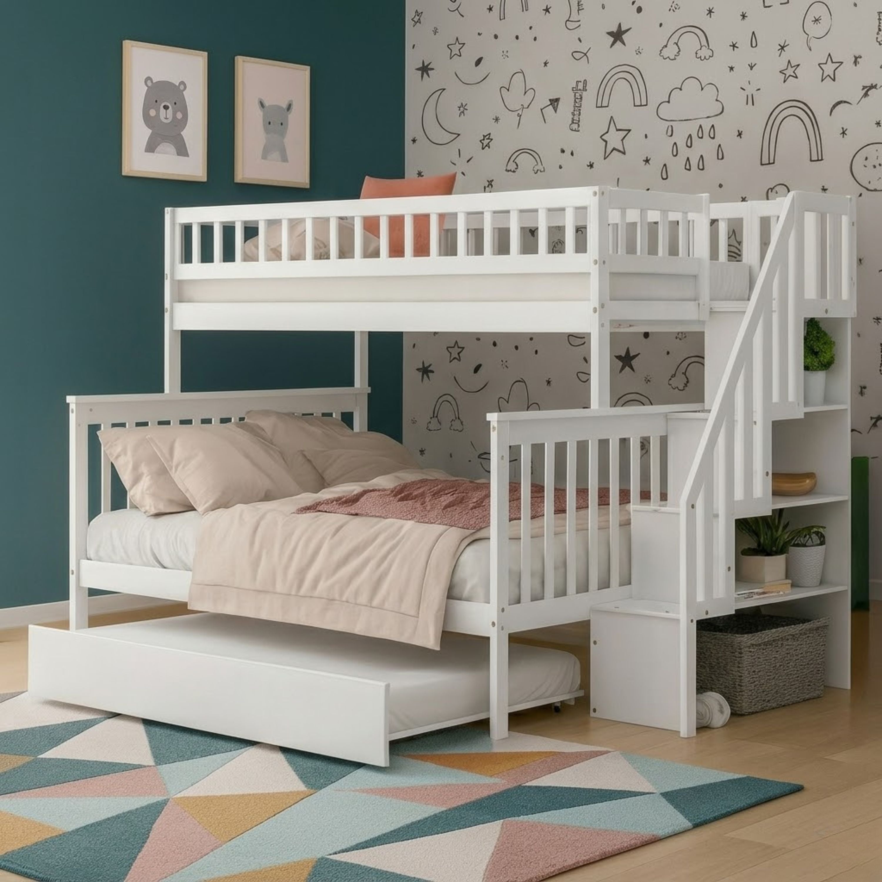 White twin over double bunk bed with trundle from Titus Furniture, featuring sturdy frame and space-saving design.