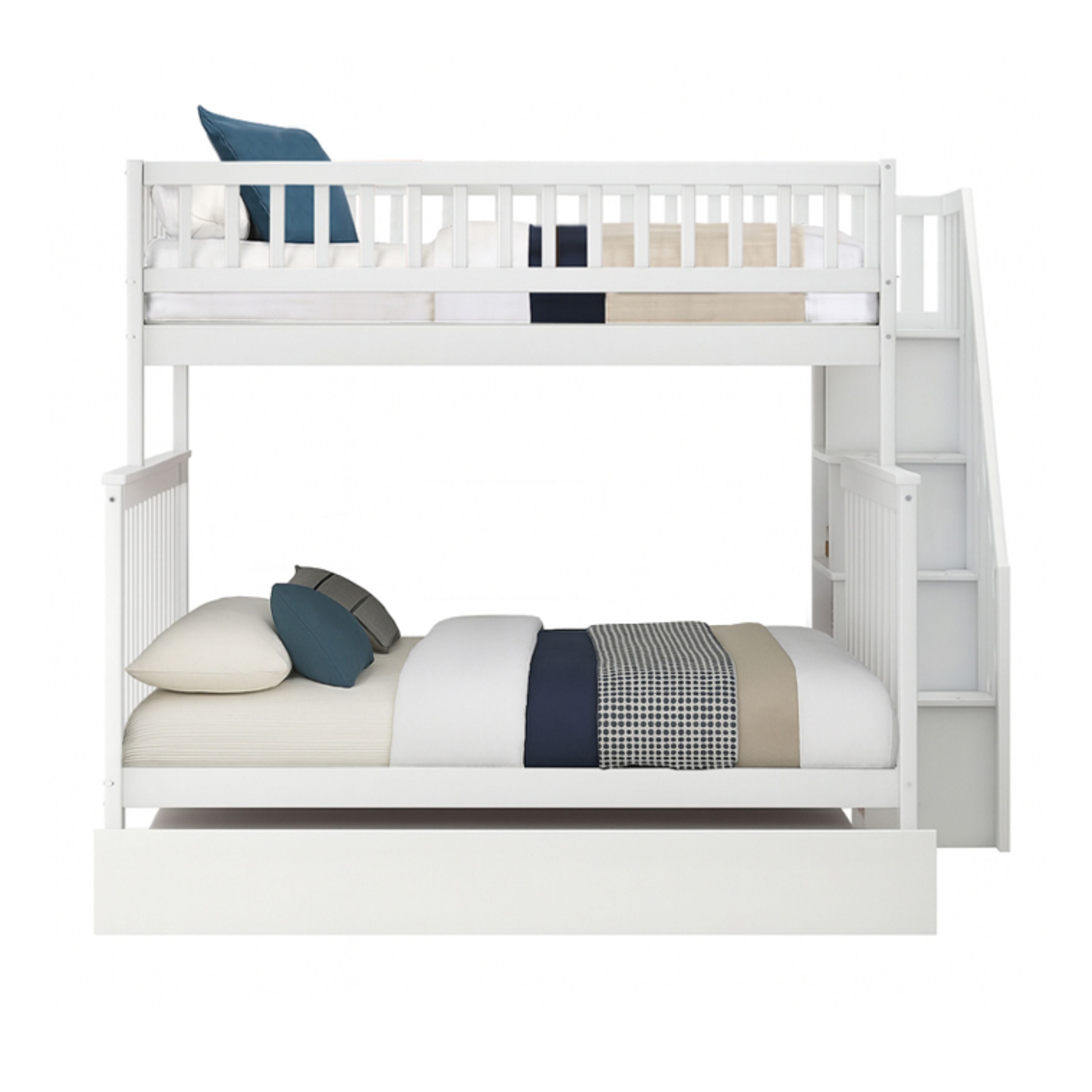 White twin over double bunk bed with trundle from Titus Furniture, showcasing sturdy wood construction and sleeping spaces.