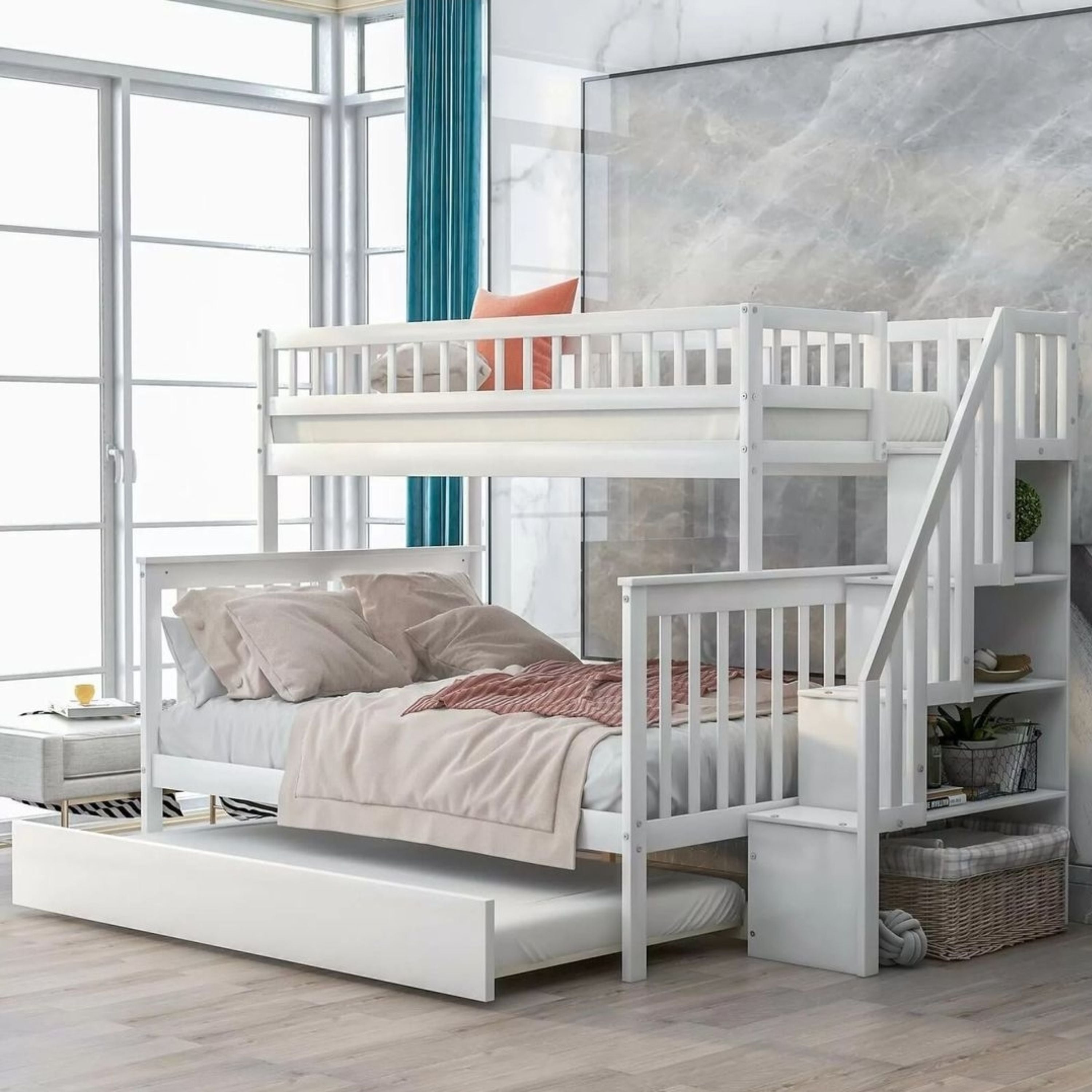 White twin over double bunk bed with trundle from Titus Furniture, showing the sturdy frame and space-saving design.