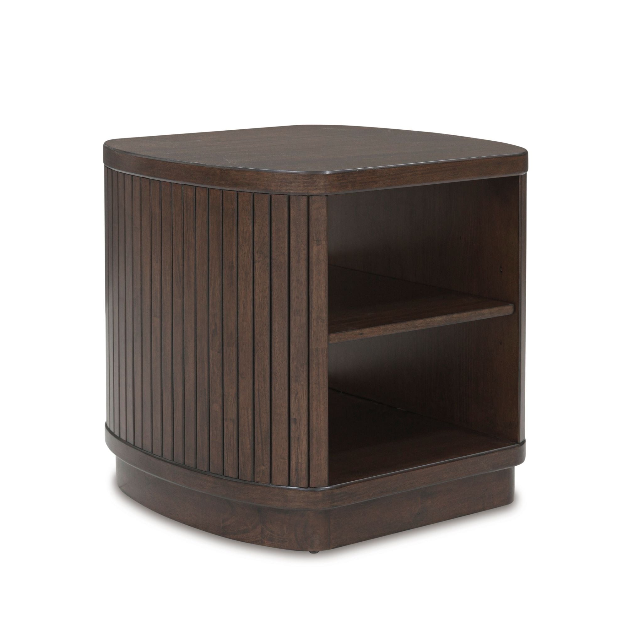 Signature Design by Ashley Korestone square end table with wooden top and black metal legs, modern accent furniture for living rooms.
