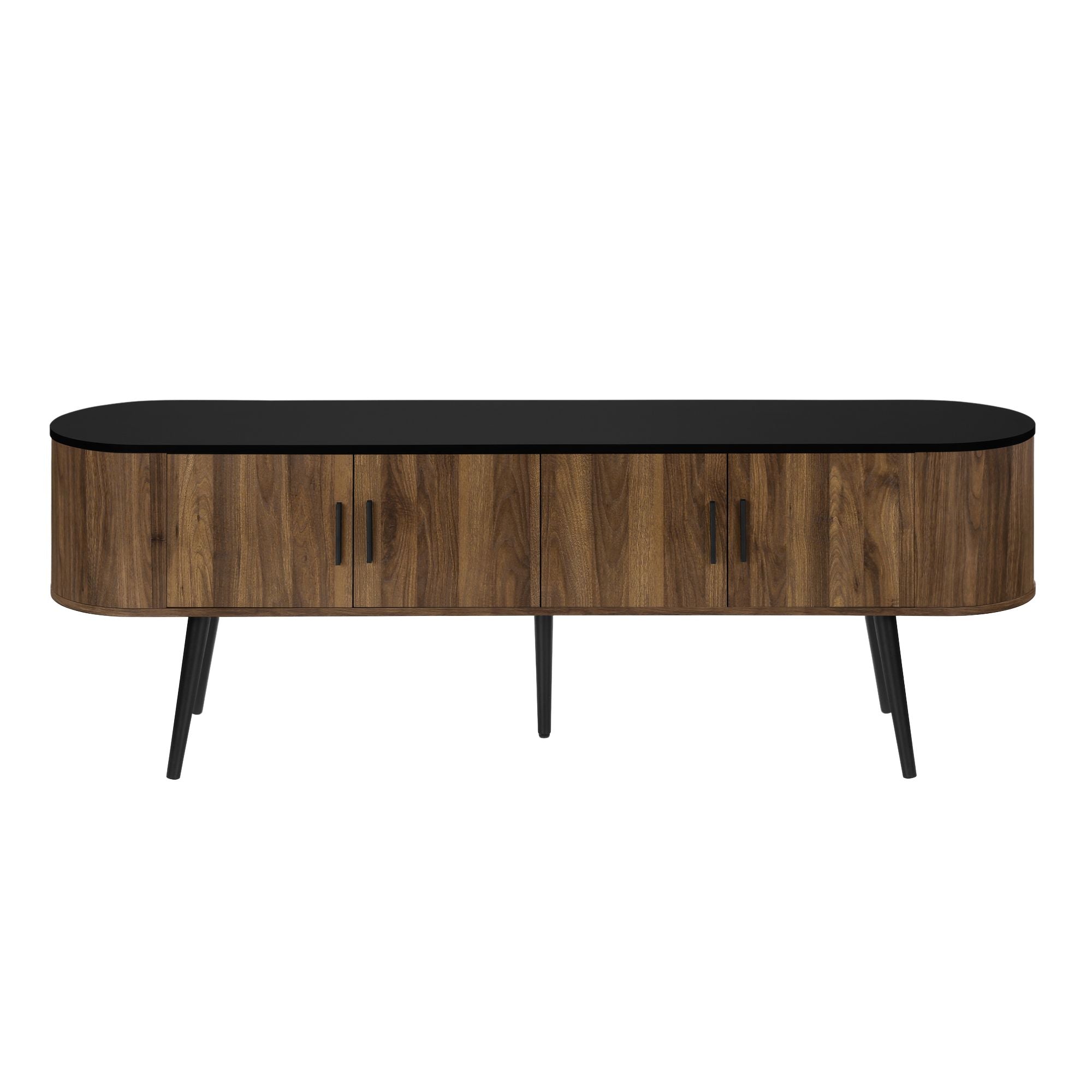 72-inch antique black TV stand with four wood-look doors from Monarch Specialties, stylish and functional for modern living rooms.