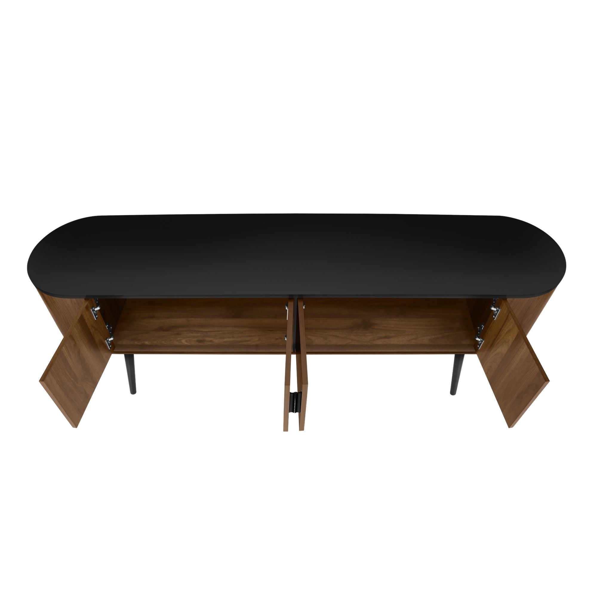Antique black Monarch Specialties 72-inch TV stand with four wood-look doors and sleek modern design.