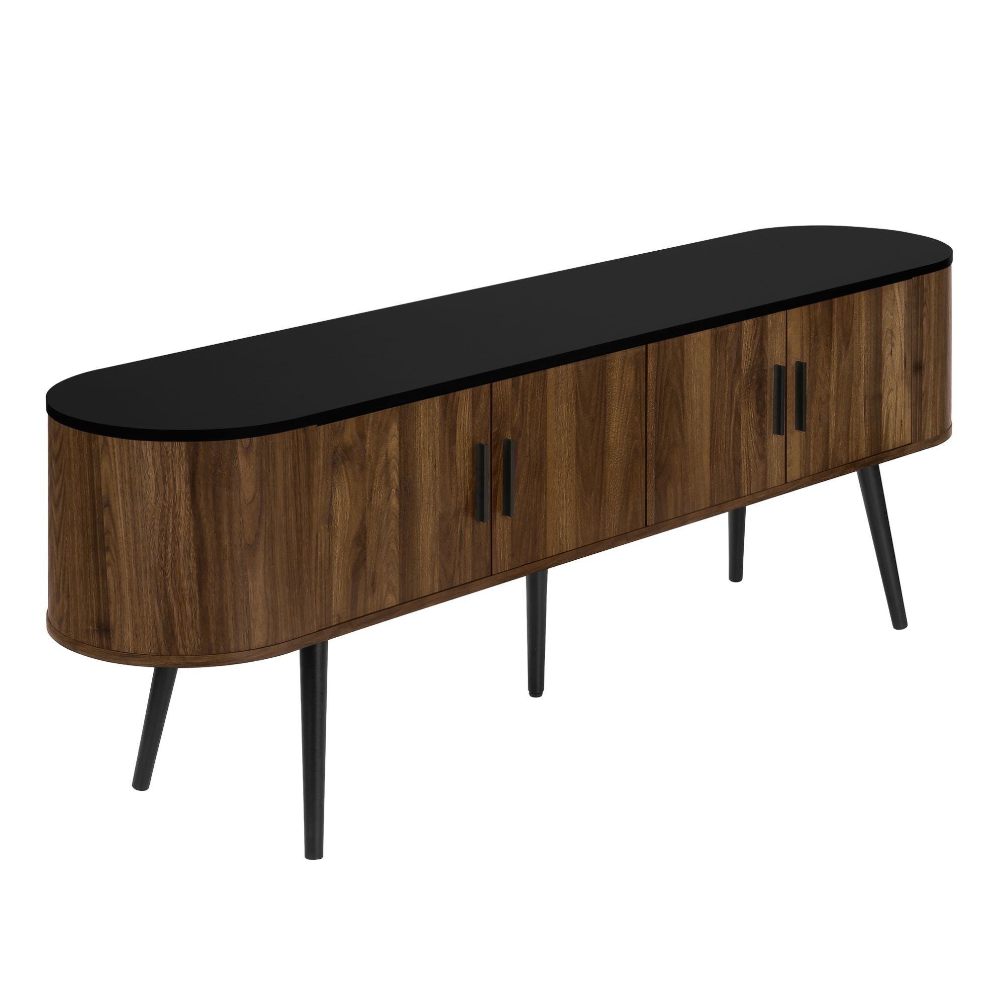 72-inch black TV stand with antique finish and four wood-look doors, Monarch Specialties entertainment furniture.