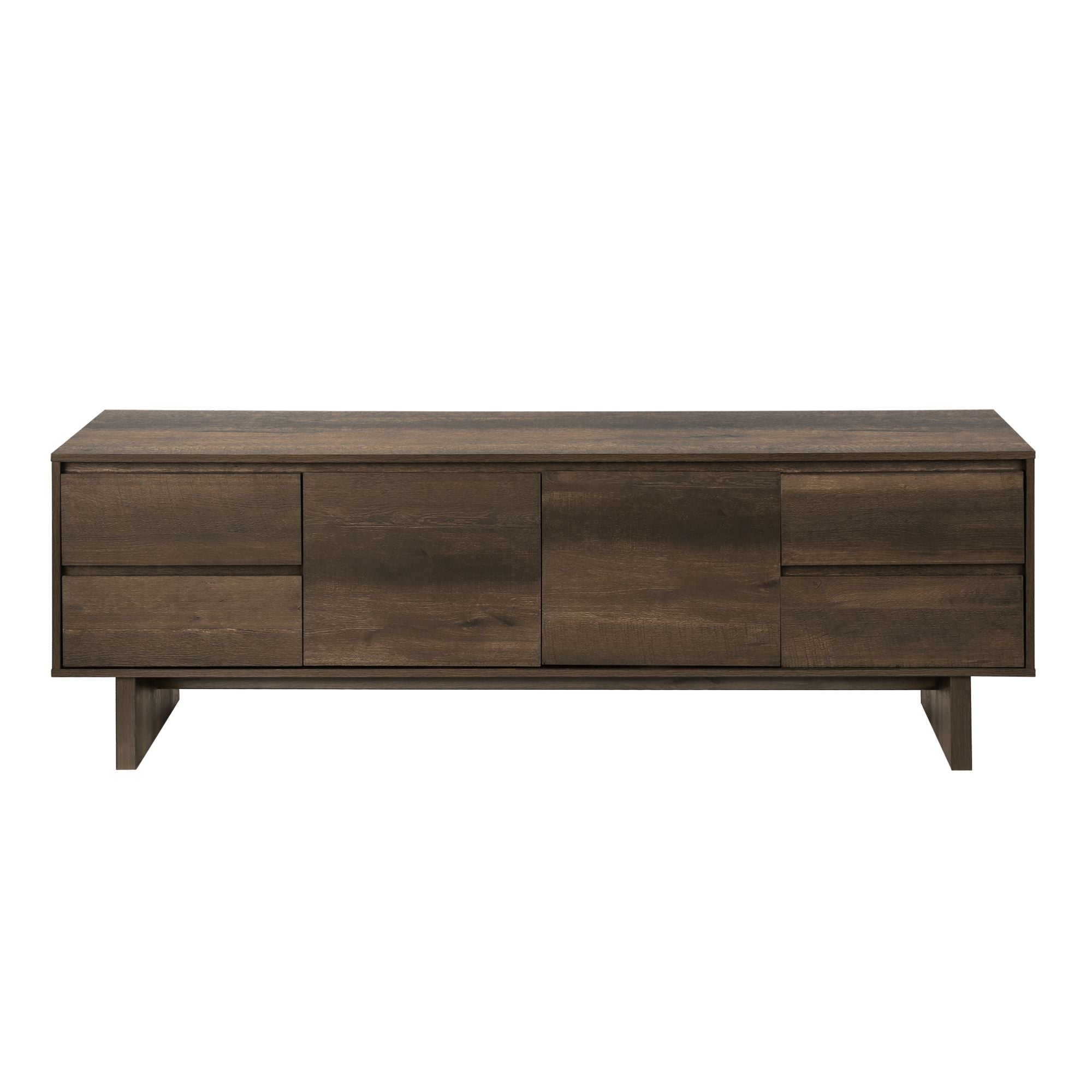 Dark brown wood-look Monarch Specialties 72-inch TV stand with storage drawers and open shelving for media organization.