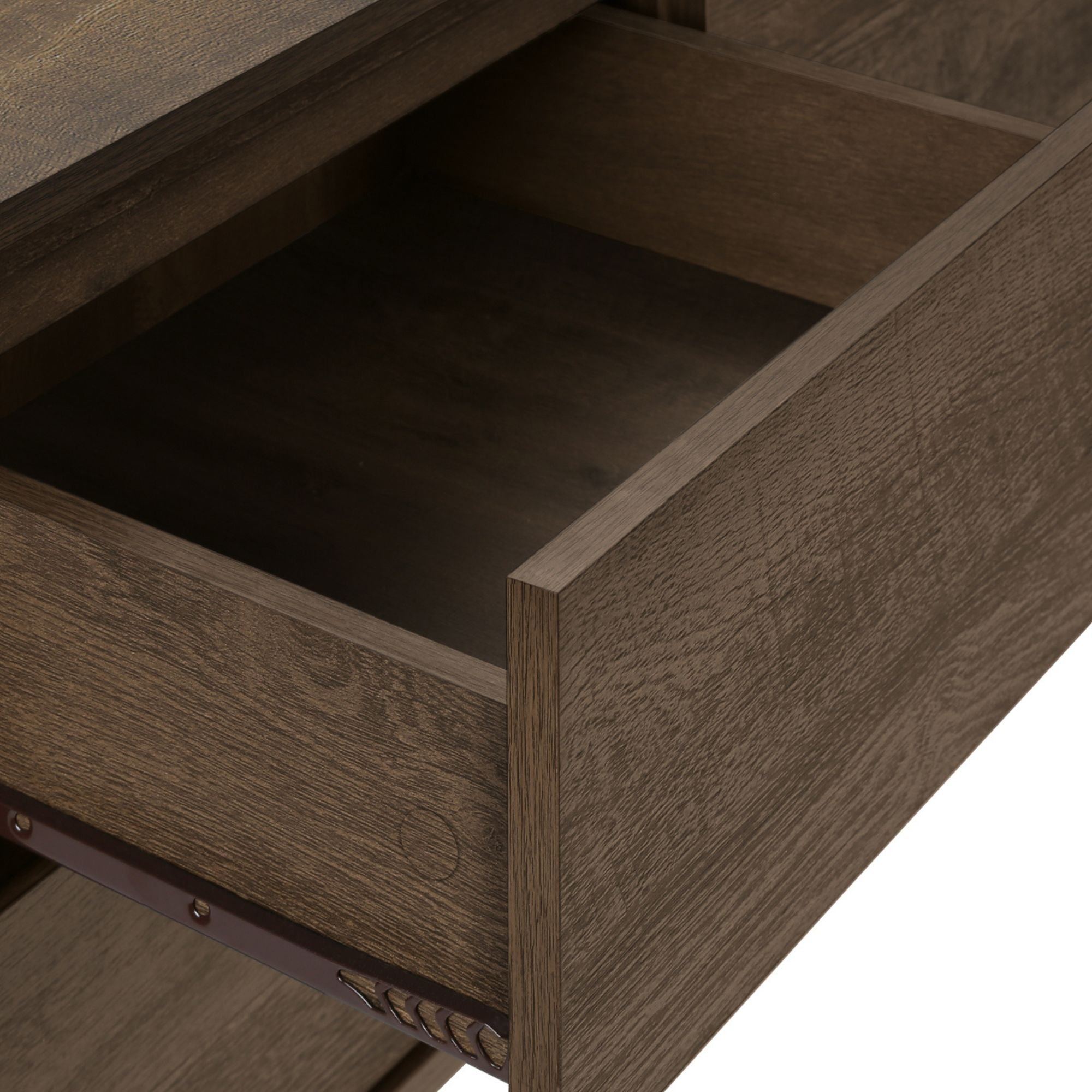 Dark brown wood-look Monarch Specialties TV stand with storage drawers and open shelving, 72-inch length, modern design.