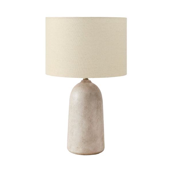 Beige ceramic table lamp standing 27 inches tall, with a classic design, by Monarch Specialties, on a neutral table surface.