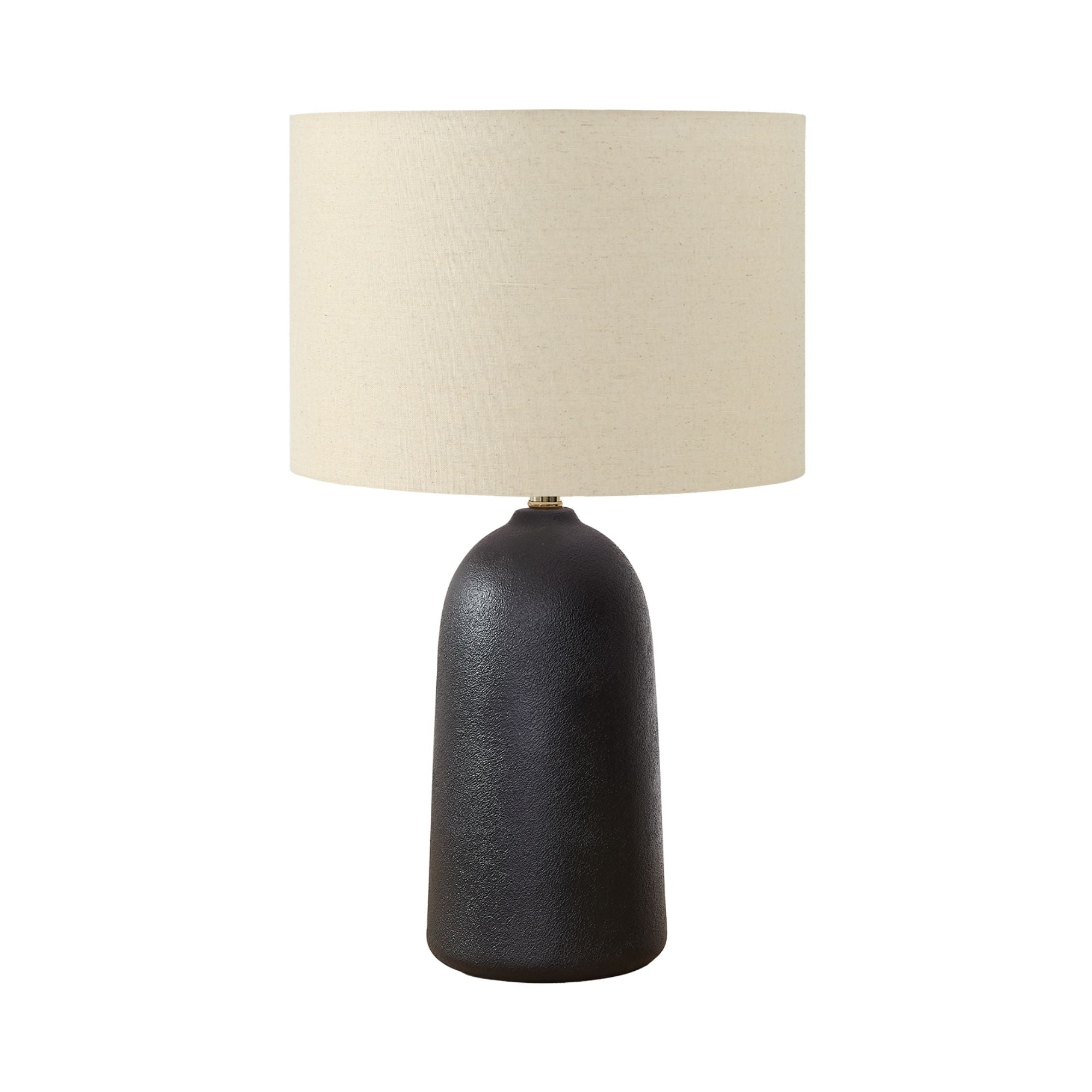 Black ceramic table lamp with a 27-inch height, featuring a modern design and a neutral lampshade for living room decor.