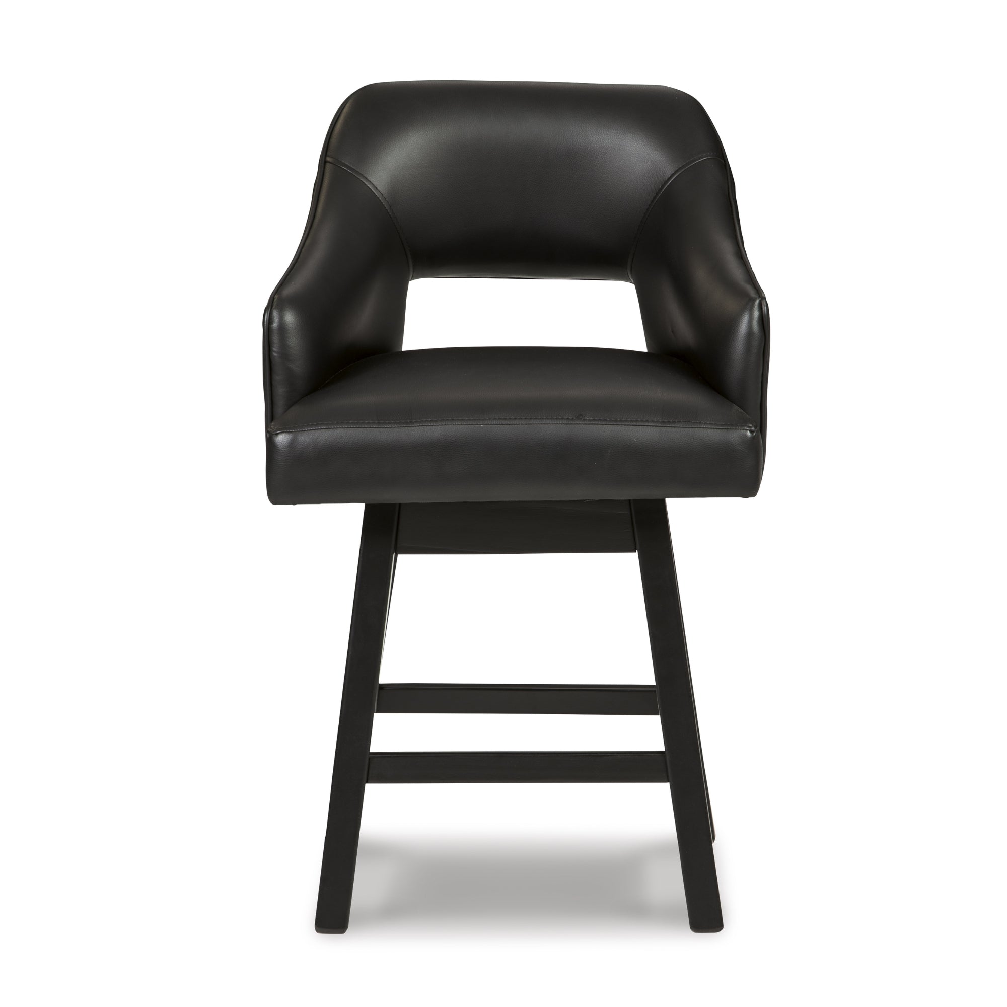 Set of two Ashley Tallenger UPH swivel barstools in black and dark brown with cushioned seats and modern design.
