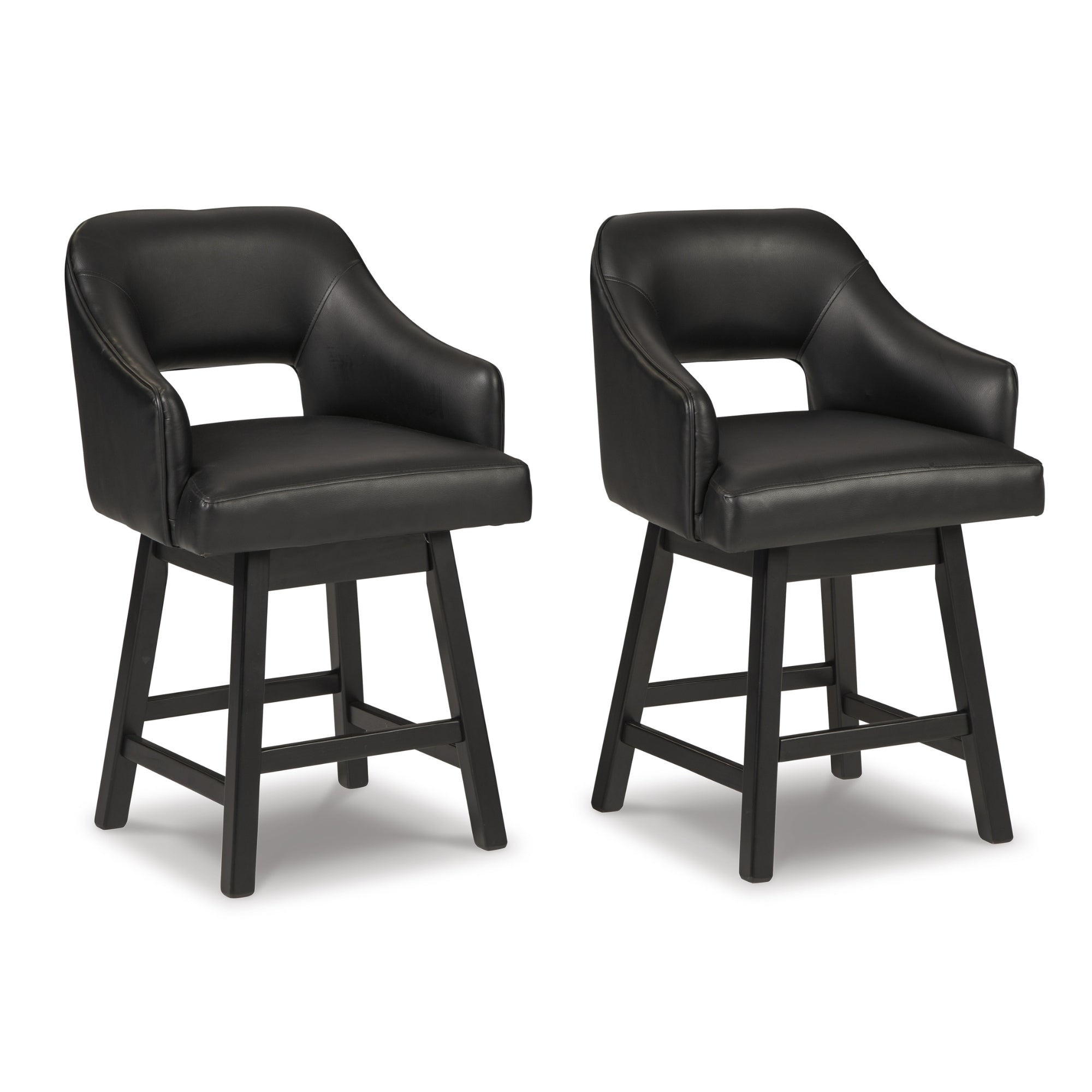 Set of 2 Signature Ashley Tallenger UPH swivel barstools with black and dark brown upholstery, featuring modern design.