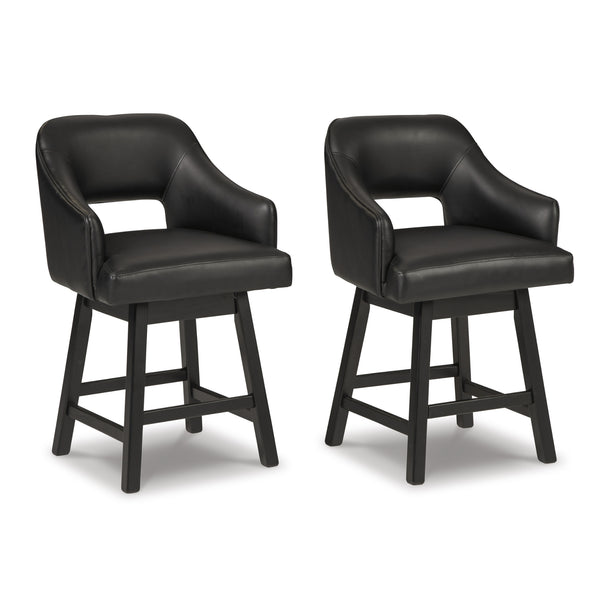 Set of 2 Signature Ashley Tallenger UPH swivel barstools with black and dark brown upholstery, featuring modern design.