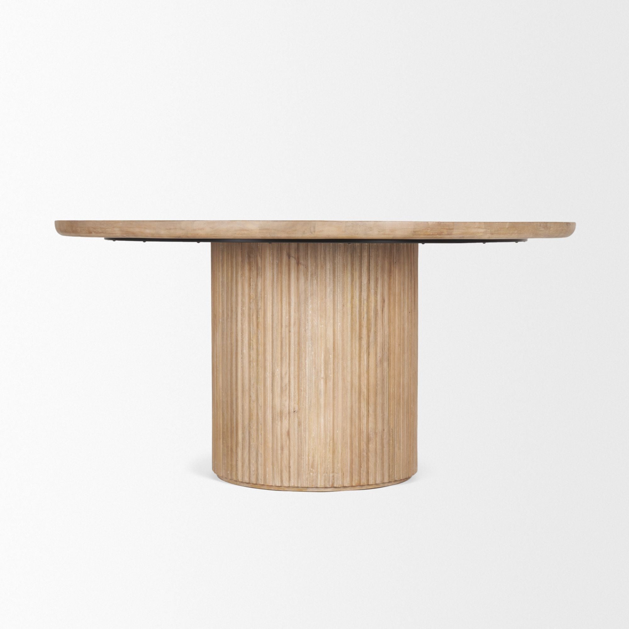 Light brown wood round dining table from Mercana Terra Collection, 60-inch size, showcasing smooth surface and sturdy design.