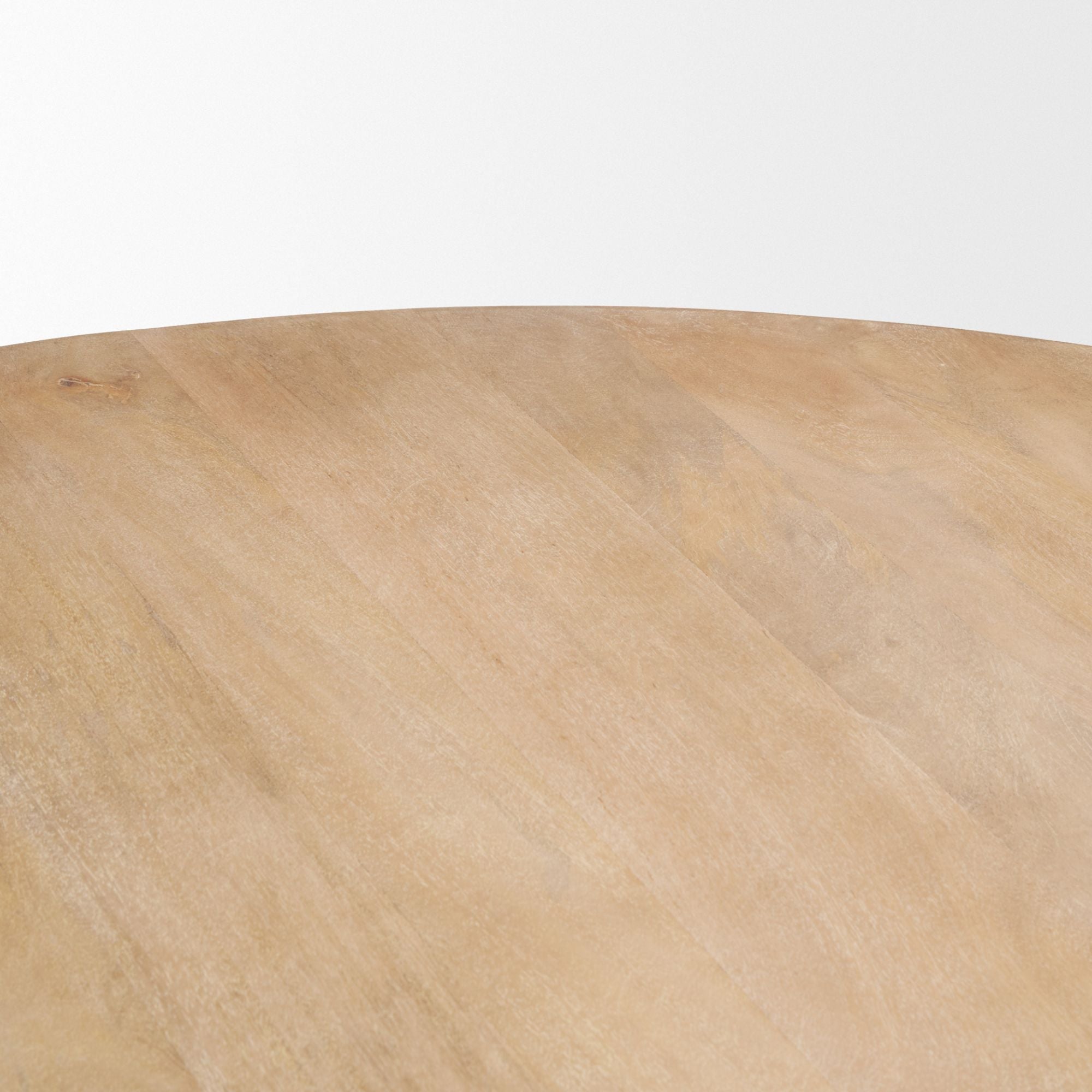 Light brown wood round dining table from Mercana Terra Collection, 60-inch diameter, showcasing smooth surface and sturdy legs.