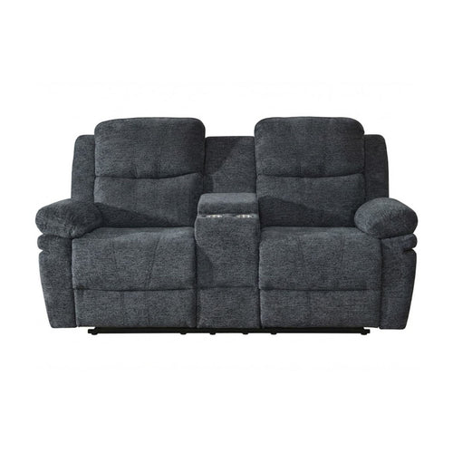 Dark grey Brassex Thea power recliner loveseat with plush cushions and modern design, shown in a comfortable living room setting.