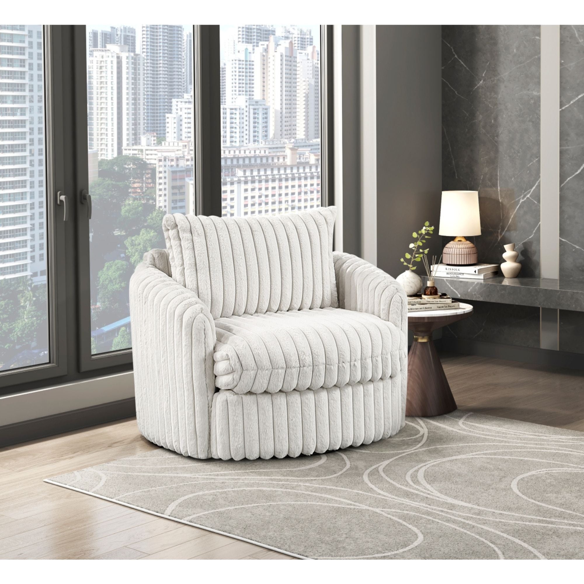 Beige Tomball accent chair by M.A.F with plush upholstered seat and wooden legs, modern and stylish for living room decor.