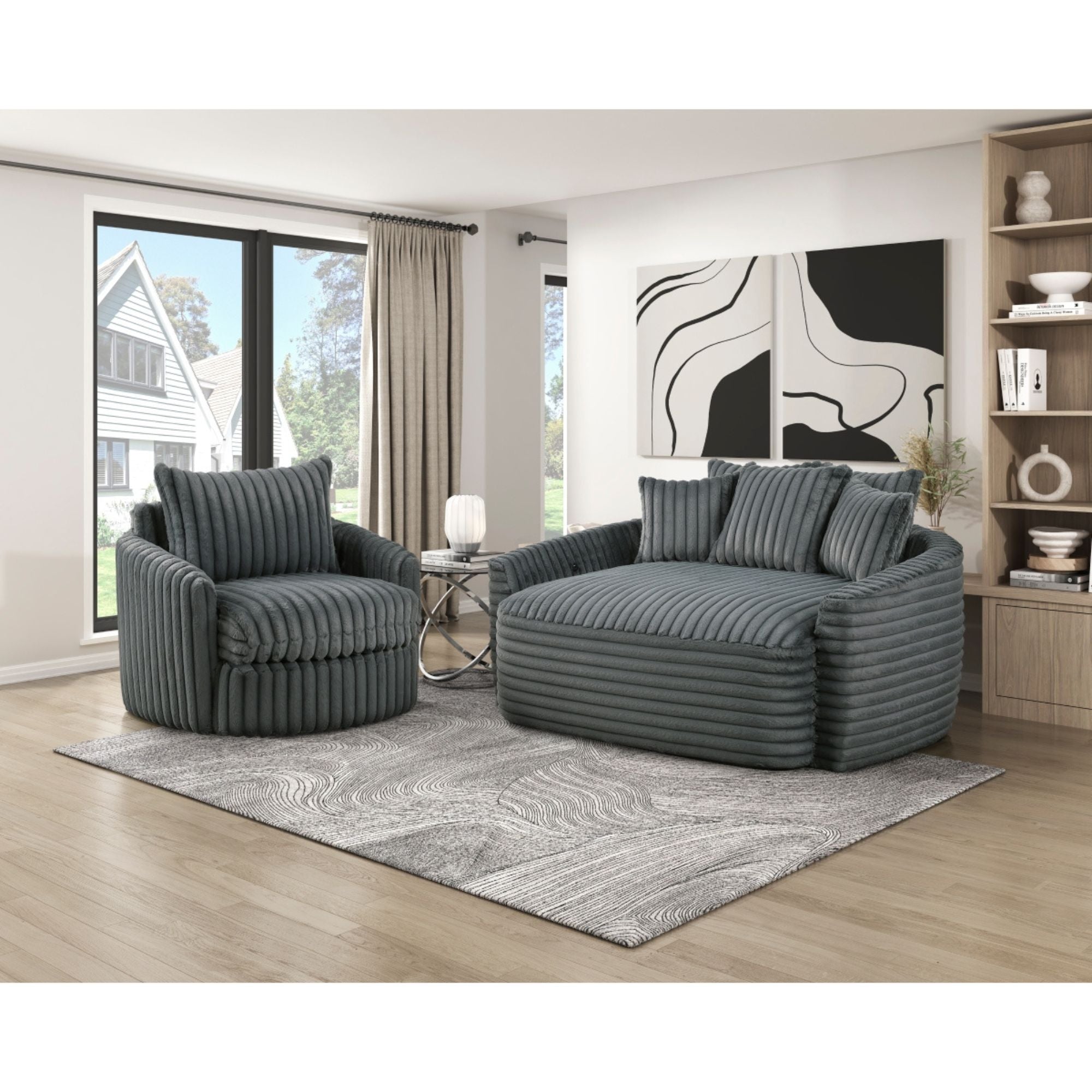 Dark grey M.A.F Tomball accent chair with cushioned seat and backrest, stylish and modern for living room or lounge areas.