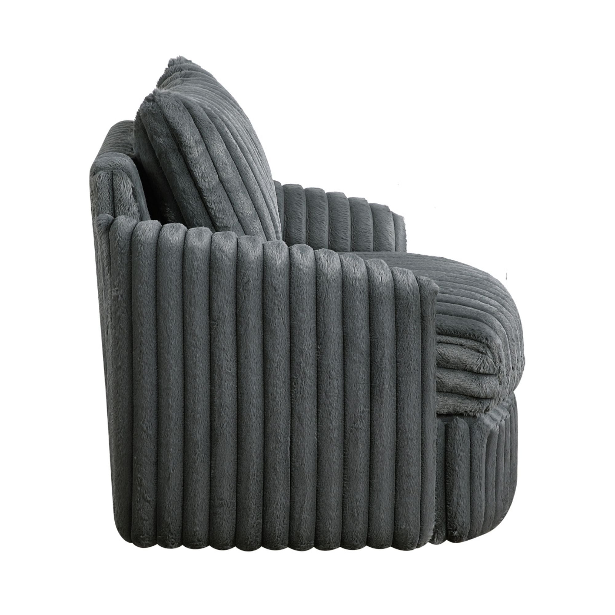 Dark grey Tomball accent chair by M.A.F with a plush fabric upholstery, modern design, and wooden legs.