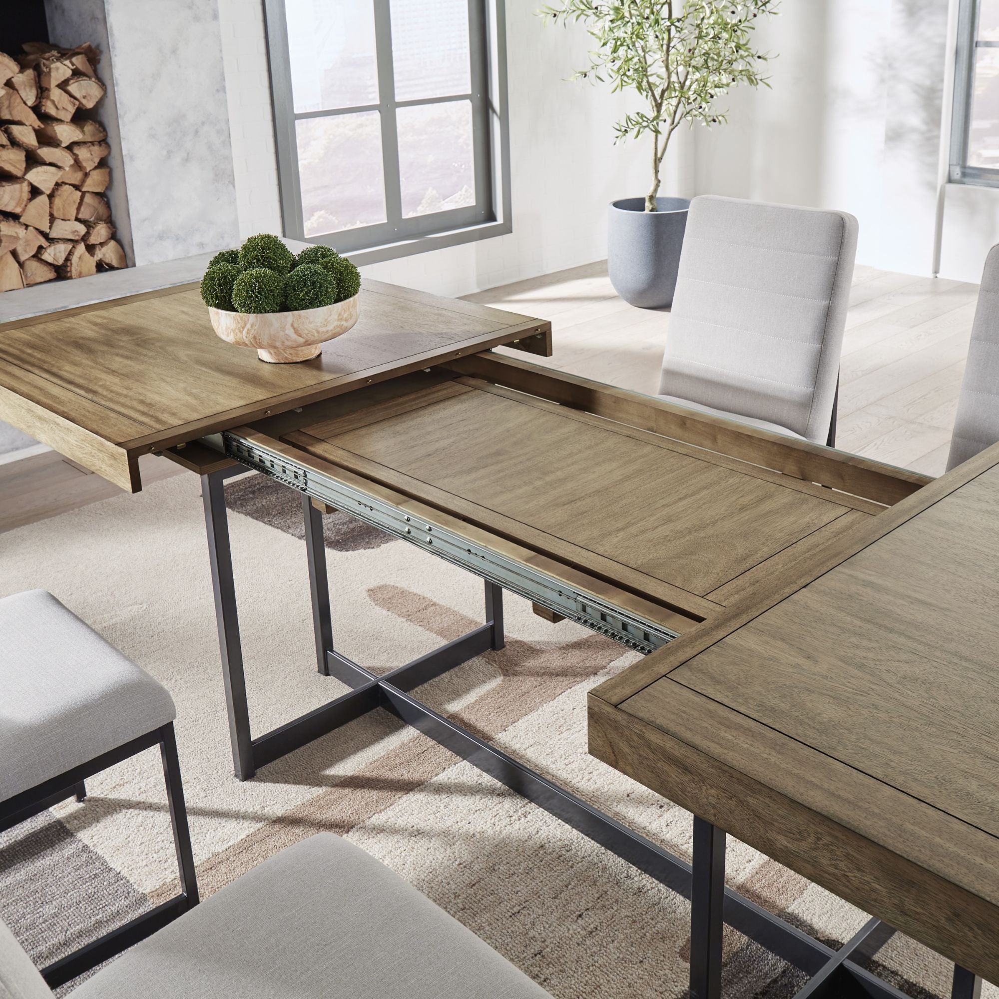 Signature Ashley Tomtyn grey dining room set with a table and chairs, modern wood furniture for dining spaces.