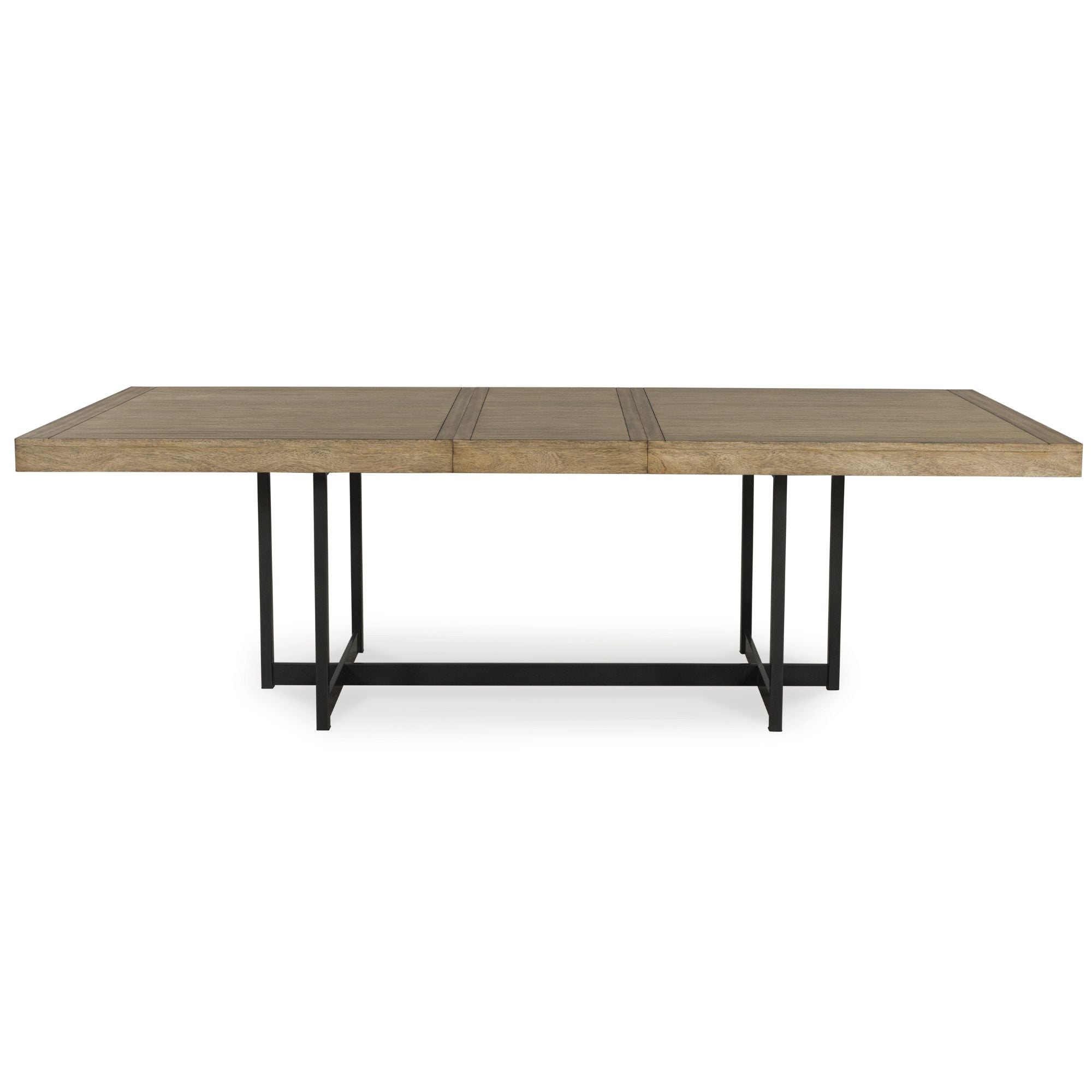 Signature Ashley Tomtyn Ext Dining Table with wooden finish, showcasing a spacious extendable surface in a modern dining room setting.