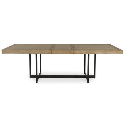 Signature Ashley Tomtyn Ext Dining Table with wooden finish, showcasing a spacious extendable surface in a modern dining room setting.