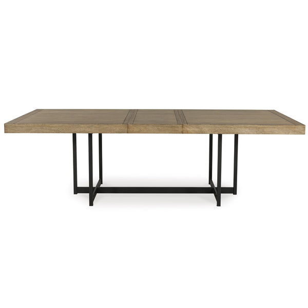 Signature Ashley Tomtyn Ext Dining Table with wooden finish, showcasing a spacious extendable surface in a modern dining room setting.