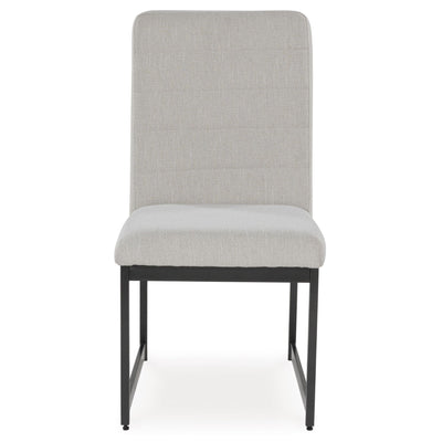 Set of two Signature Ashley Tomtyn dining UPH side chairs with beige upholstered seats and dark wooden legs.