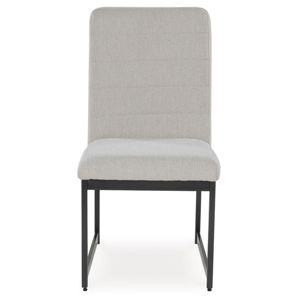 Set of two Signature Ashley Tomtyn dining UPH side chairs with beige upholstered seats and dark wooden legs.