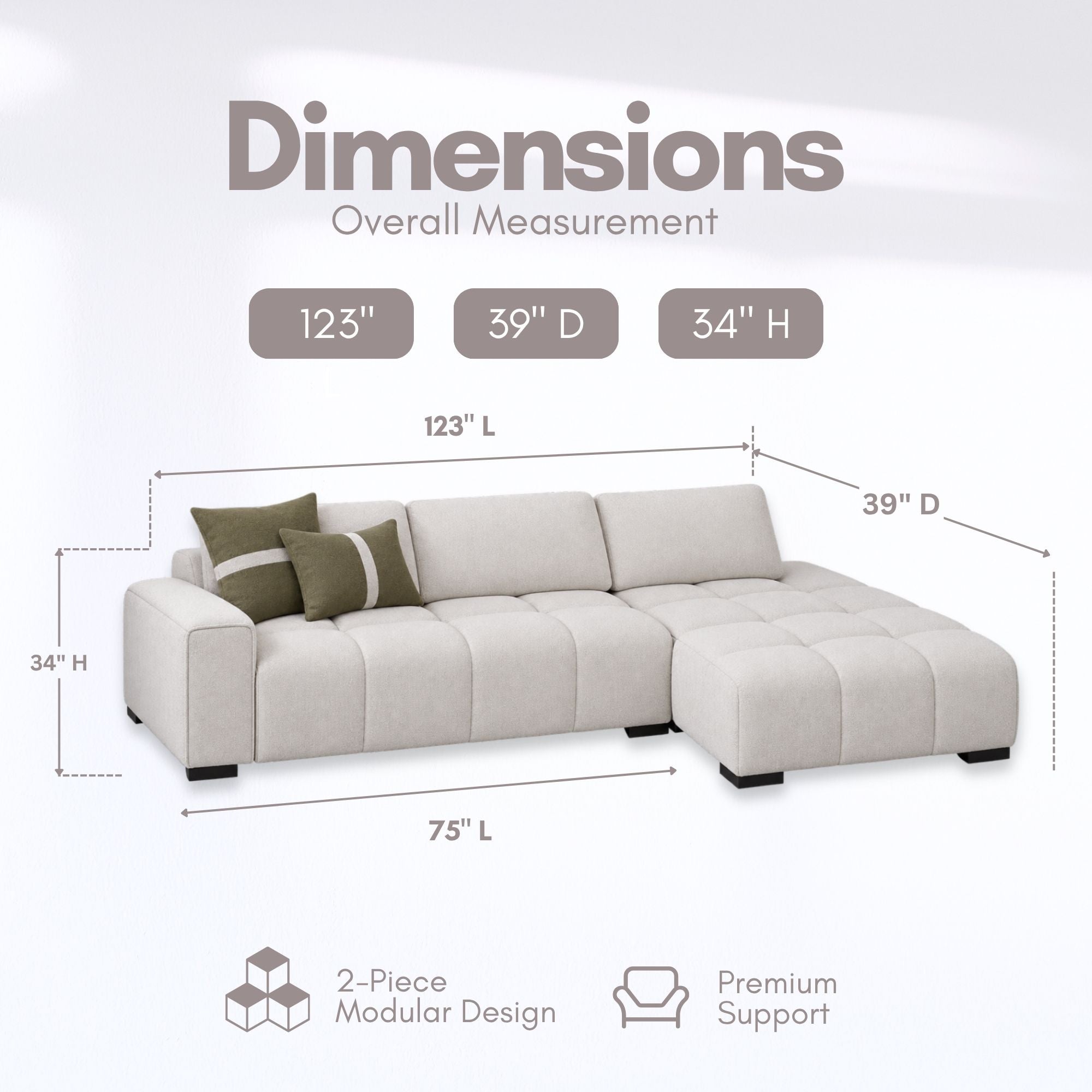 Canadian-made Tremblant 2-piece sectional sofa by Fancy, showcasing plush gray fabric and modern design in a living room setting.