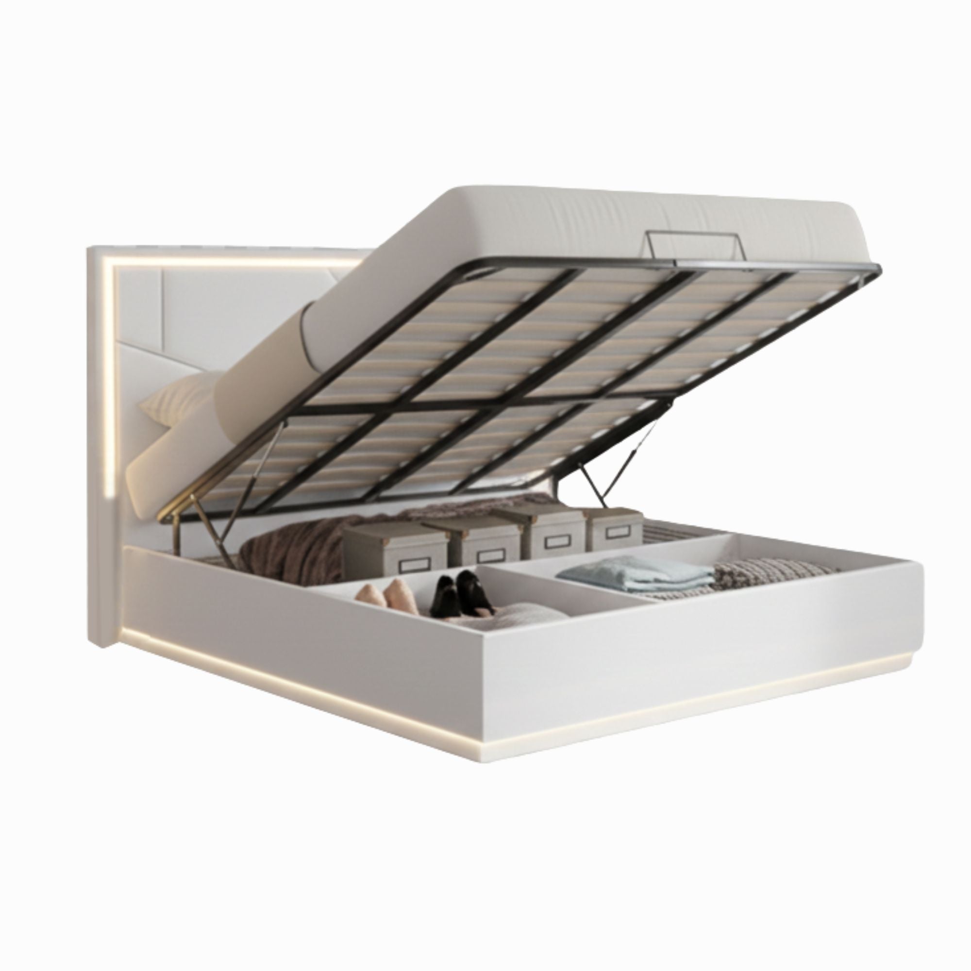 Tresoria Lacquer Finish Lift-Up Storage Bed in White | CastleUp Experience Centre