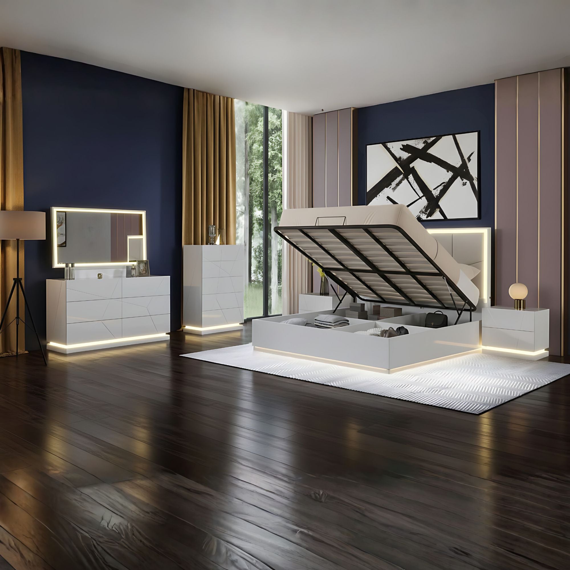 Tresoria Lacquer Hydronic Storage Bedroom Set in Light Grey | CastleUp Experience Centre