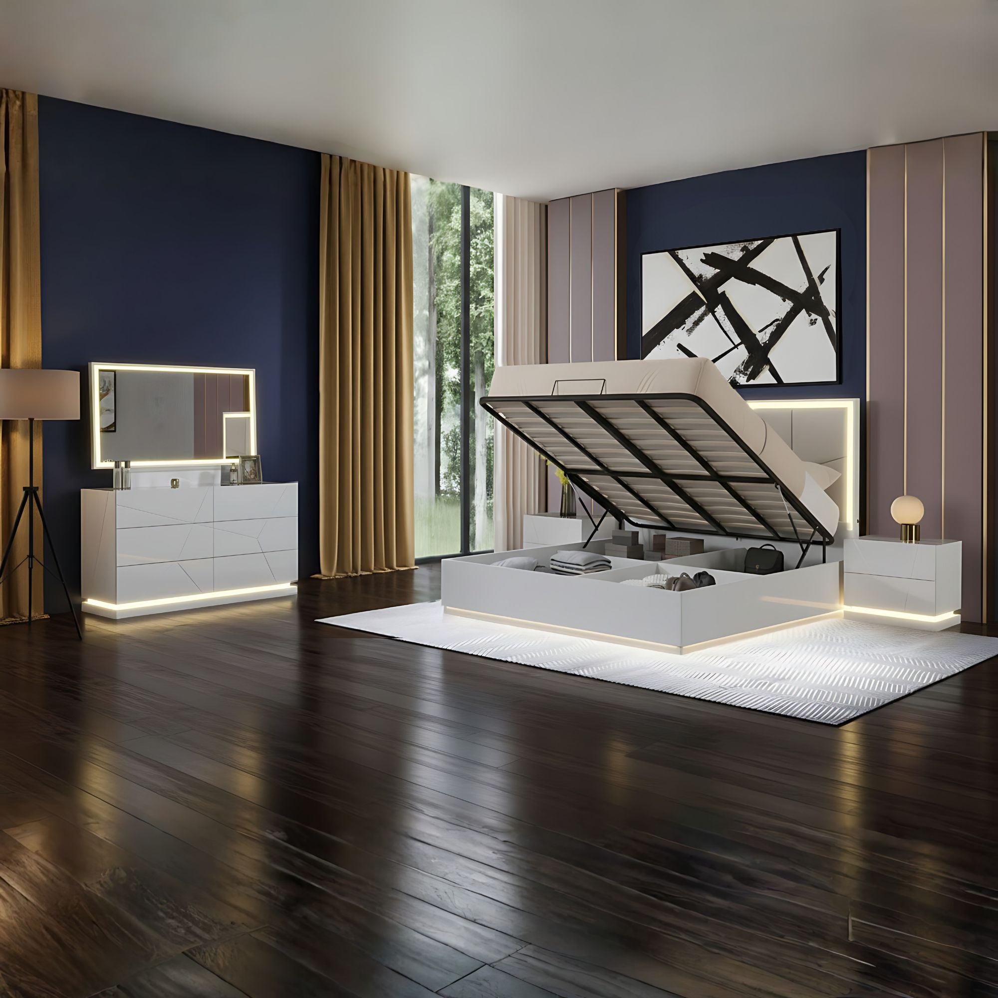 Tresoria Lacquer Hydronic Storage Bedroom Set in Light Grey | CastleUp Experience Centre