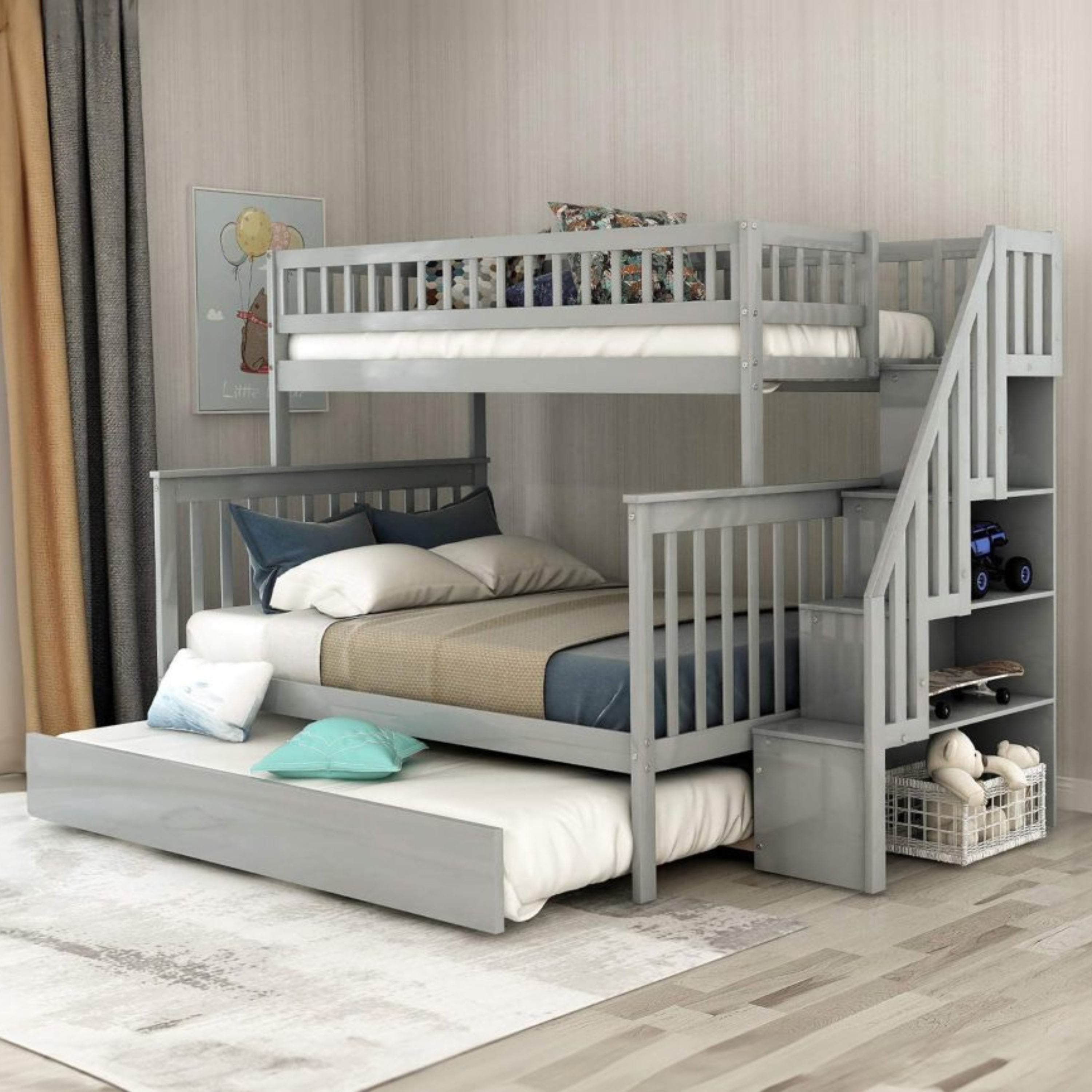 Grey twin over double bunk bed with trundle from Titus Furniture, showing sturdy wooden frame and space-saving design for kids' bedrooms.