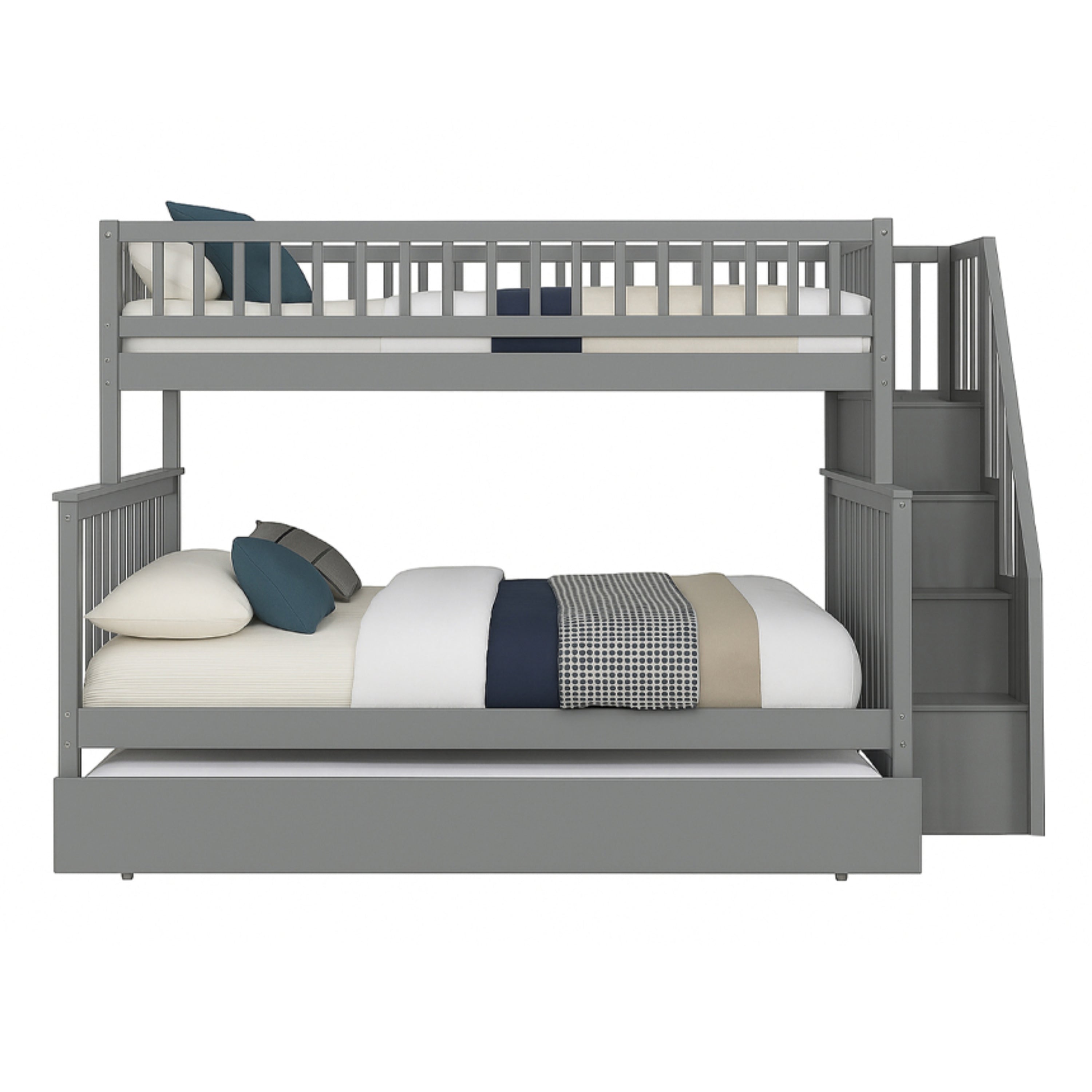 Grey twin over double bunk bed with trundle from Titus Furniture, showcasing sturdy wood frame and sleeping arrangements.