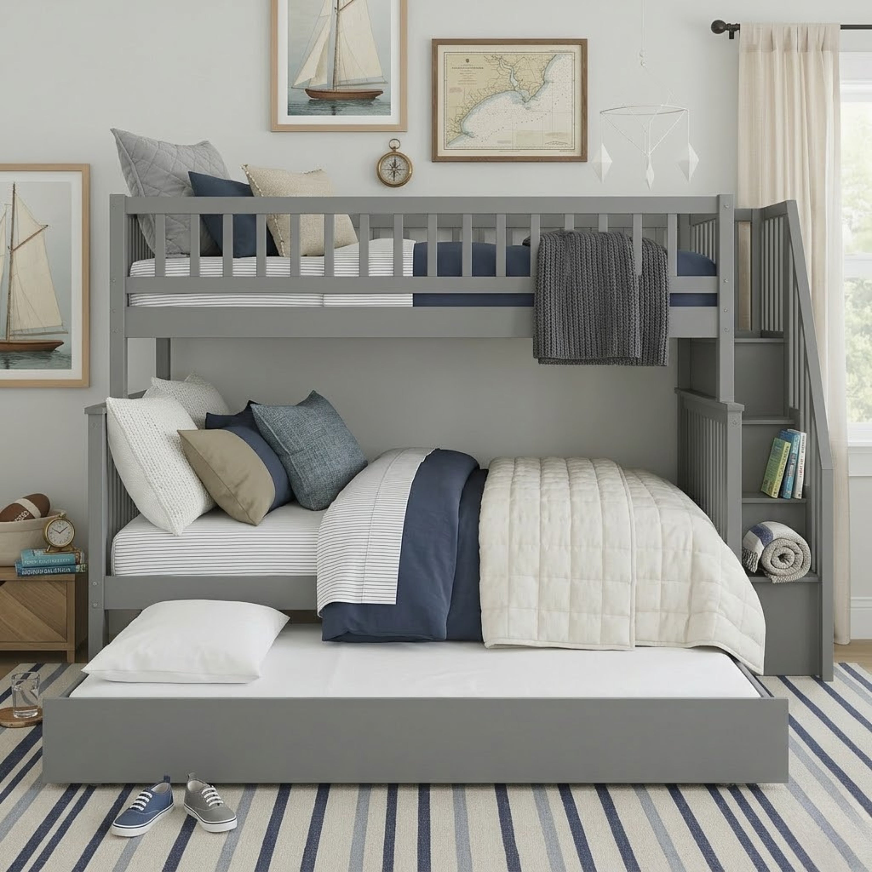 Grey twin over double bunk bed with trundle from Titus Furniture, featuring sturdy frame and space-saving design in a modern bedroom setting.