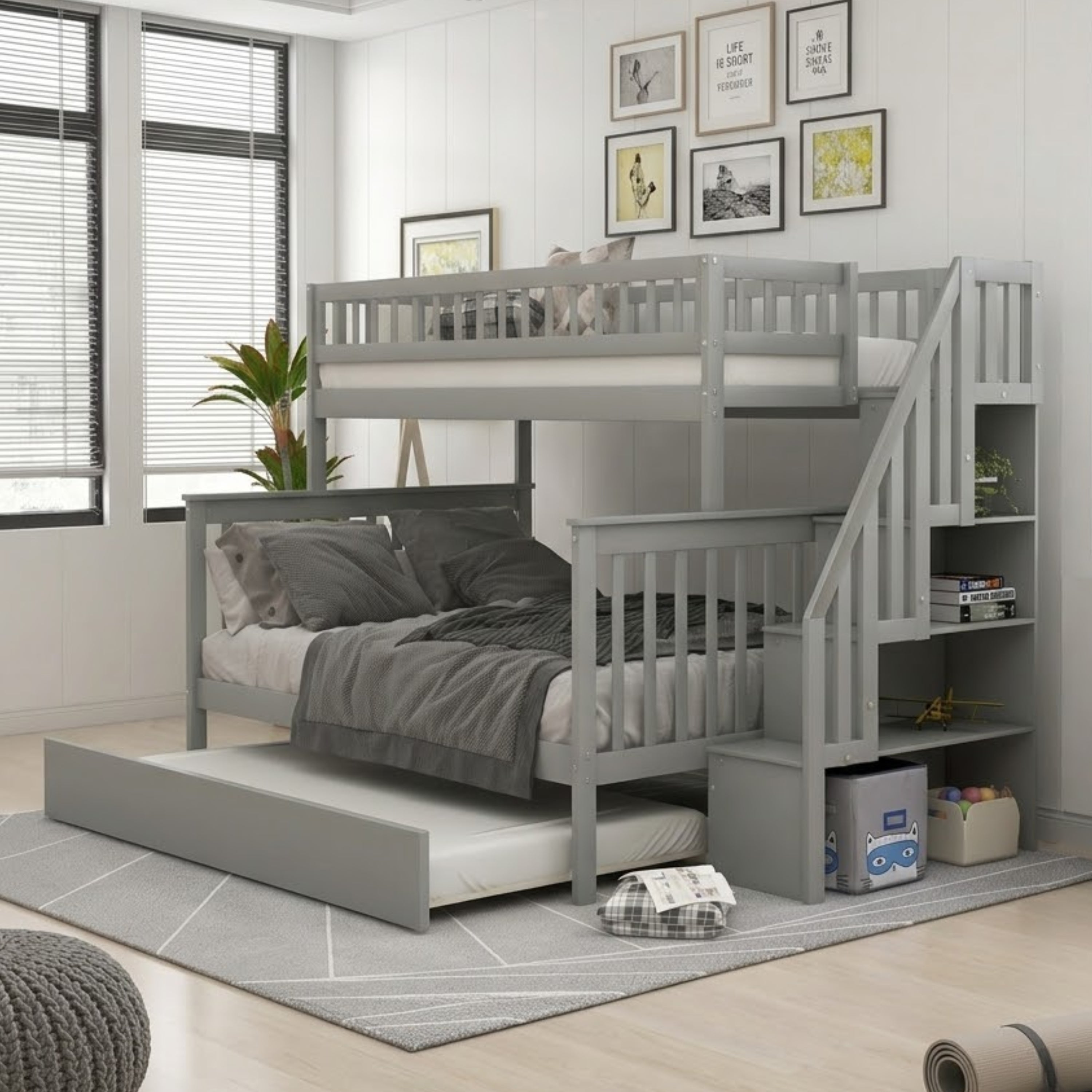 Grey twin over double bunk bed with trundle from Titus Furniture, showcasing the sturdy wooden frame and space-saving design.