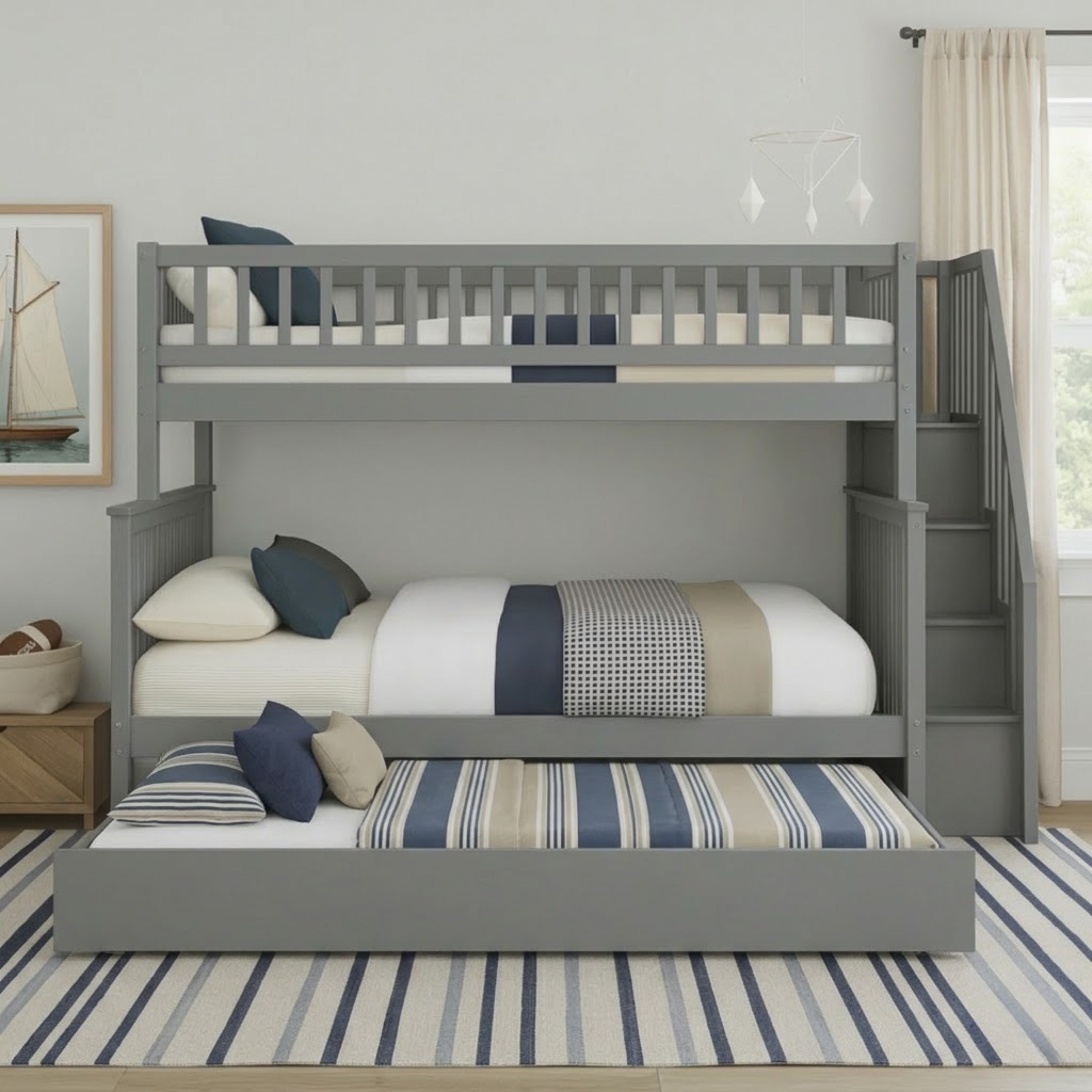 Grey twin over double bunk bed with trundle, Titus Furniture, featuring sturdy frames and sleeping space for multiple children.