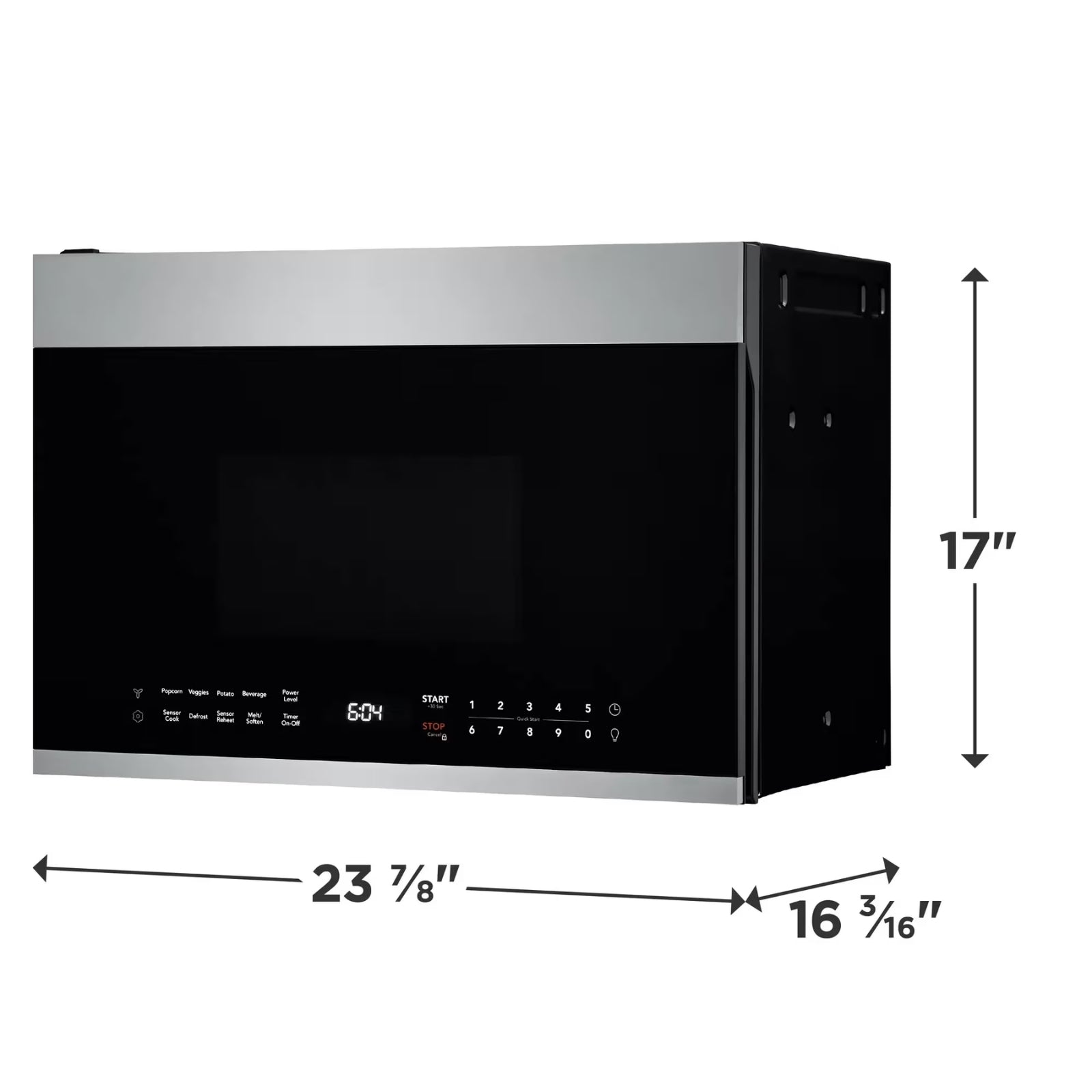 Stainless steel Frigidaire UMV1422US 1.4 cu. ft. over-the-range microwave showing control panel and interior view