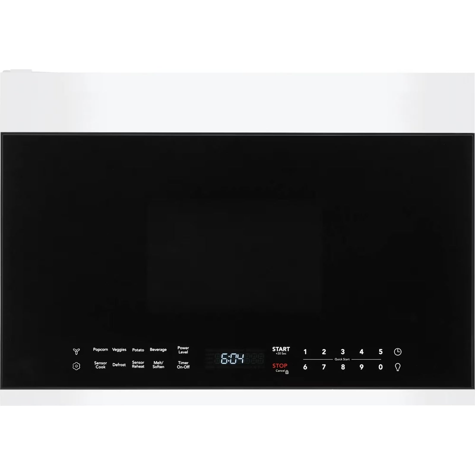 White Frigidaire over-the-range microwave with 1.4 cu. ft. capacity, digital display, and control panel inside the microwave door.