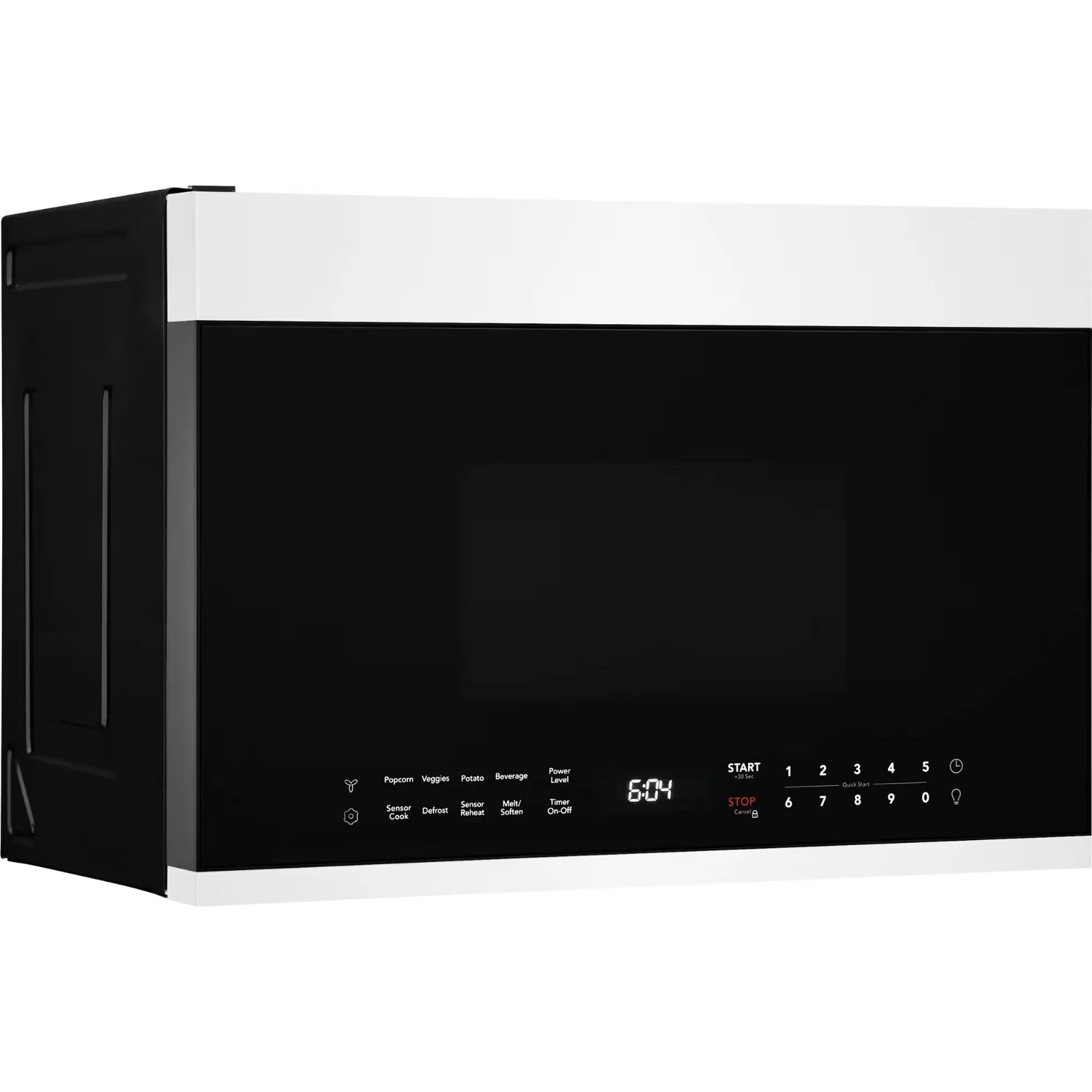 White Frigidaire UMV1422UW 1.4 cu. ft. over-the-range microwave showing front view with control panel and door open