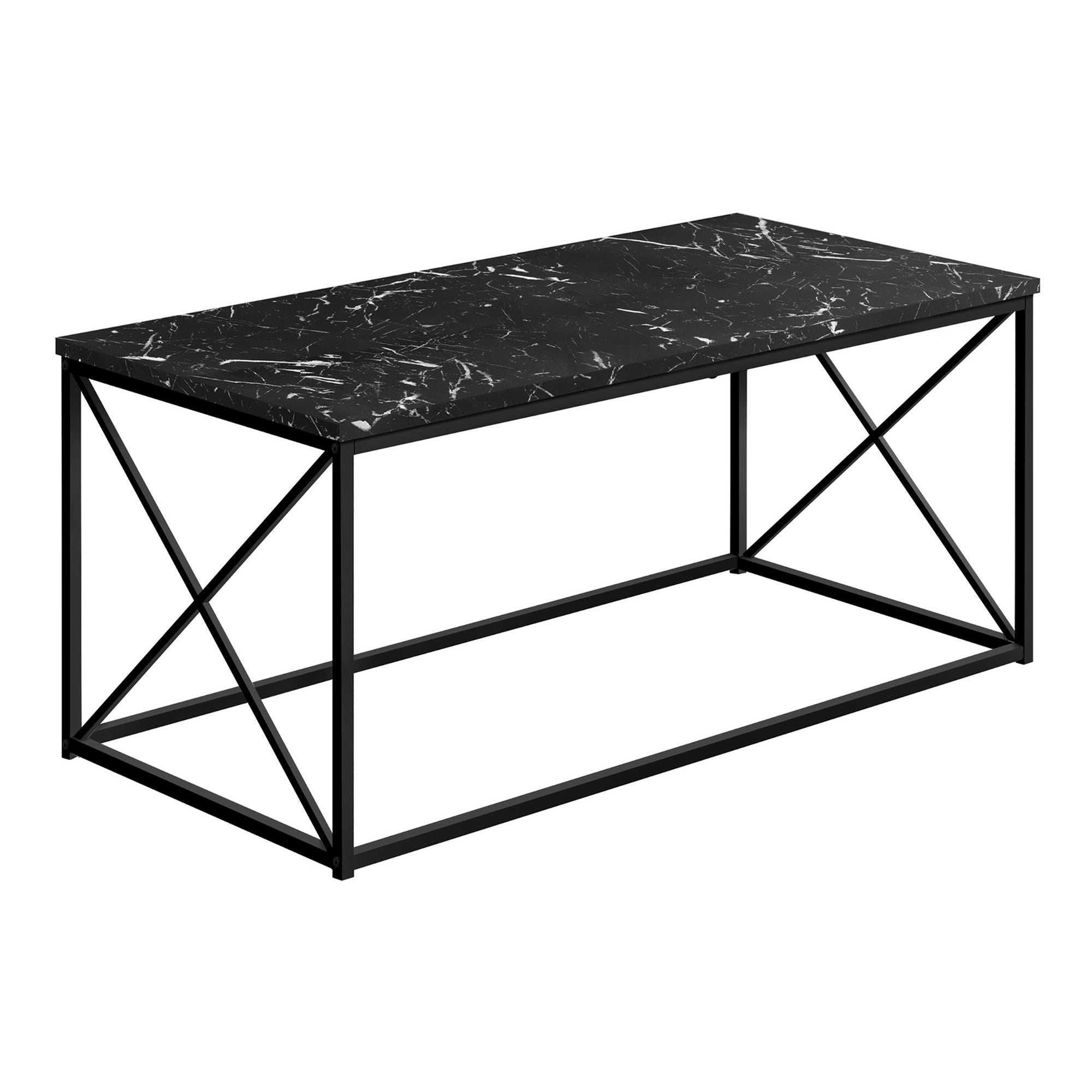 Black marble Vetra coffee table by Monarch Specialties featuring a sleek, modern design and sturdy legs.