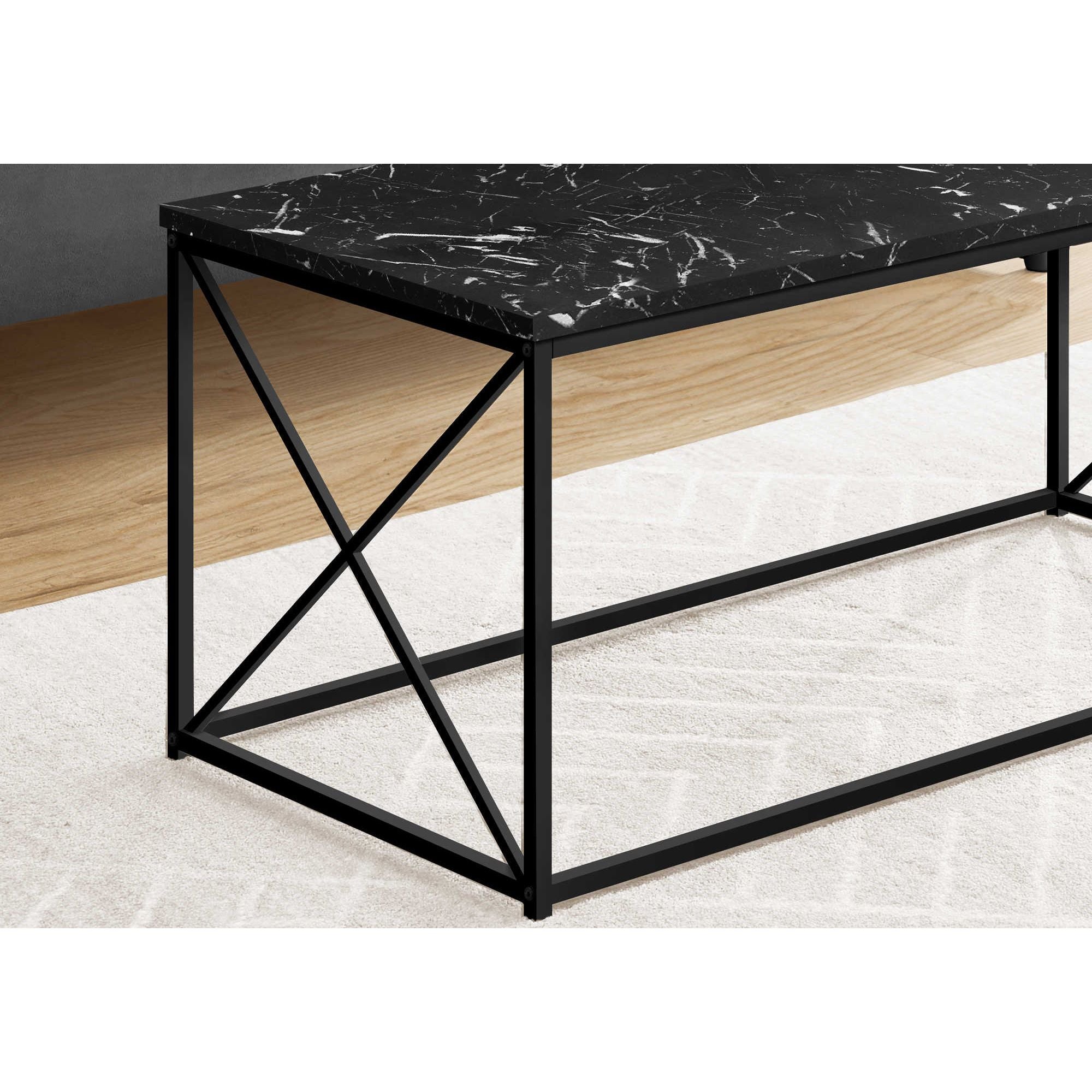 Black marble Vetra coffee table by Monarch Specialties with sleek modern design and sturdy metal legs.