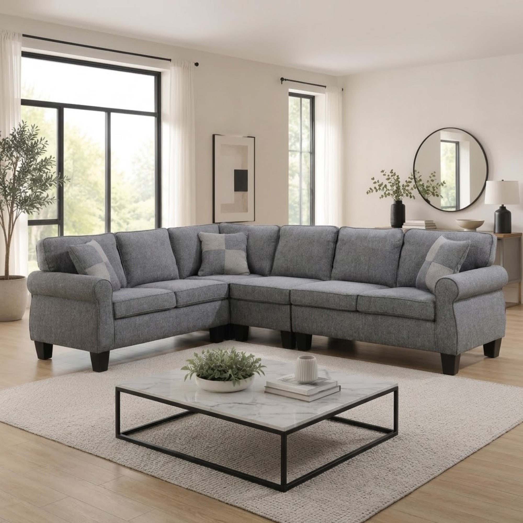 Verona Grey Reversible Sectional Sofa with Accent Pillows