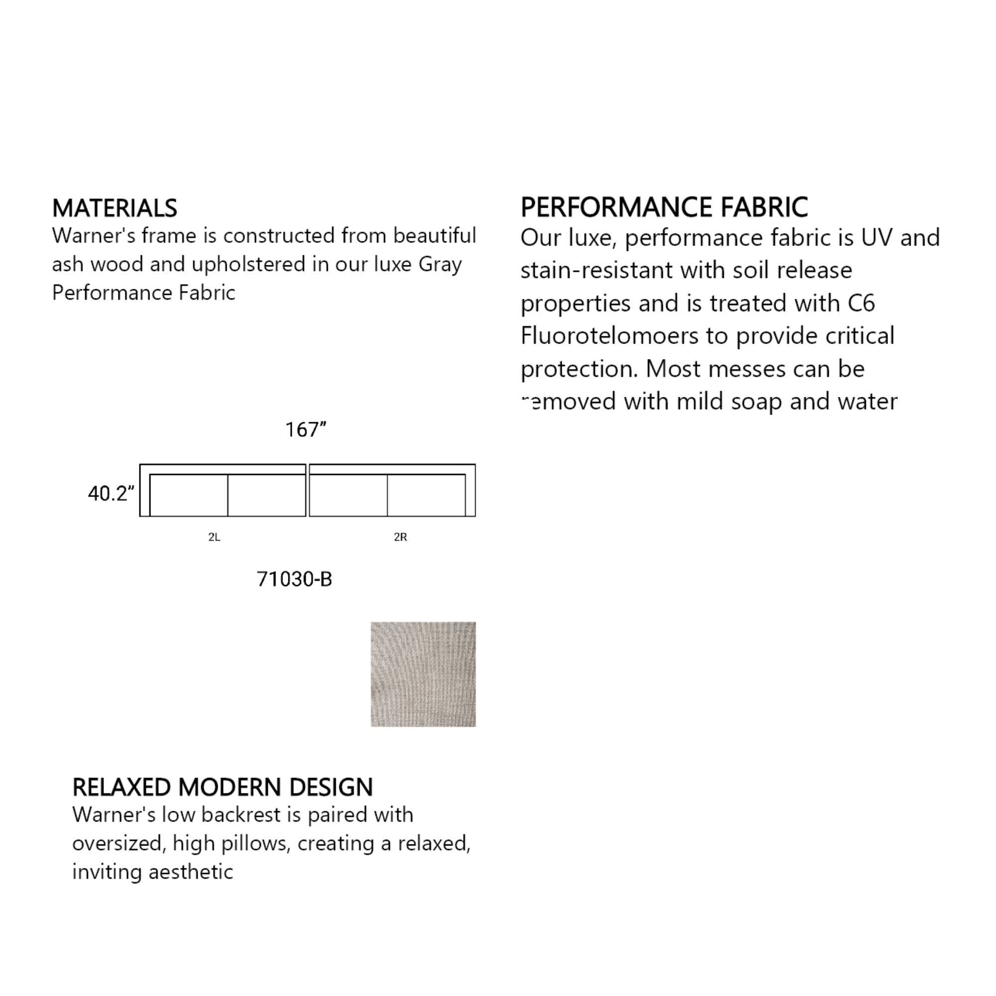 Mercana Warner grey 2-piece long sofa set with spacious seating and contemporary design