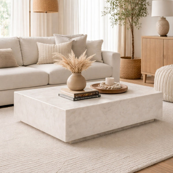 White marble coffee table by Brassex featuring a sleek rectangular design with smooth marble surface and sturdy legs.