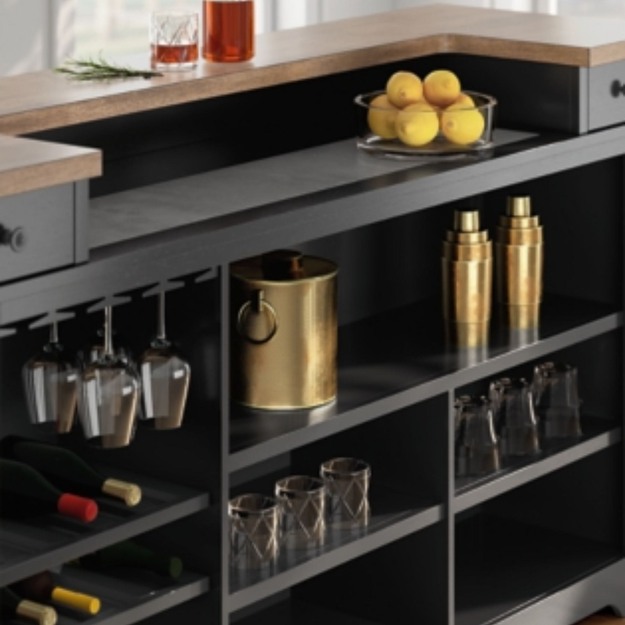 Ashley Wildenauer dining room buffet and server with wood finish, featuring storage cabinets and drawers for elegant dining room organization.